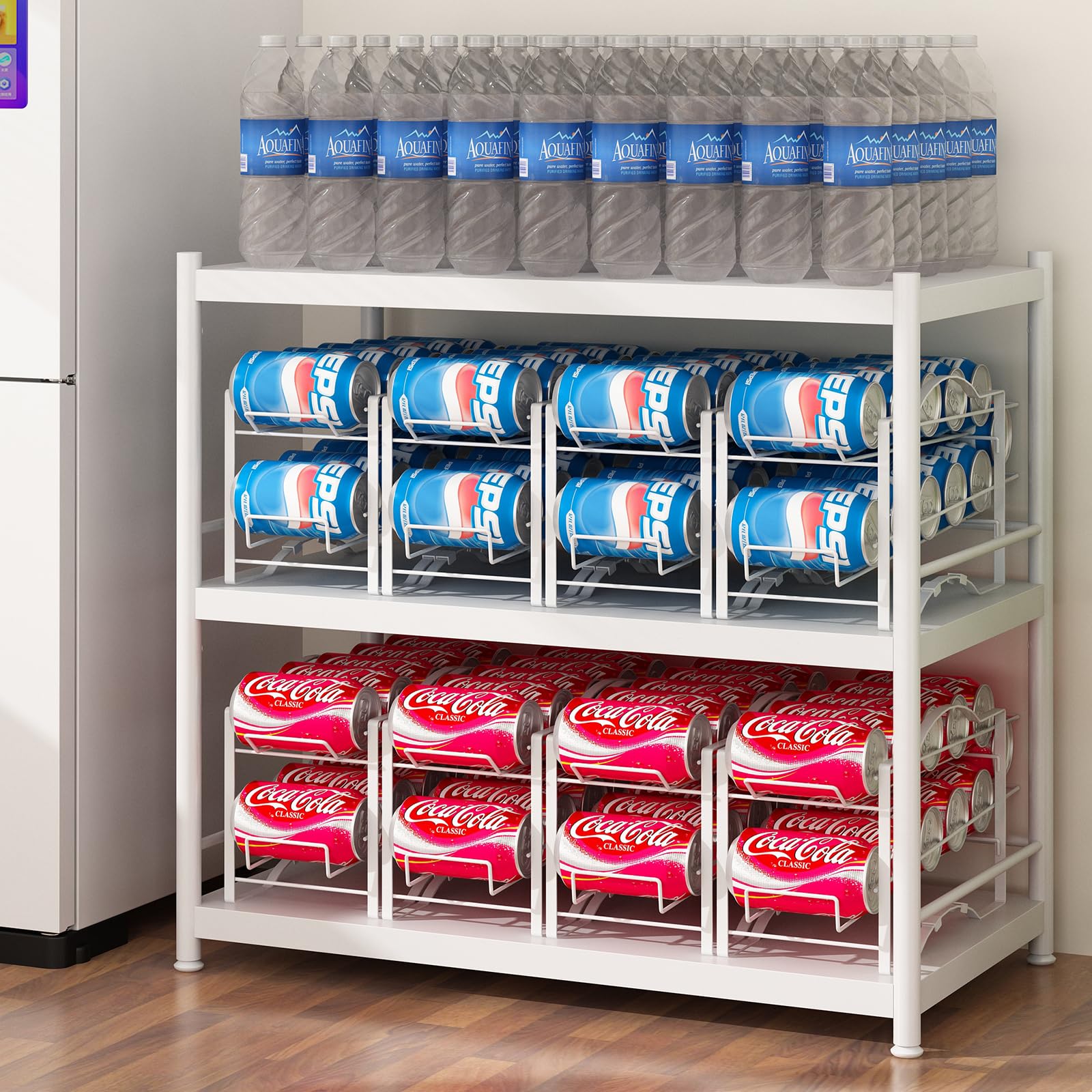 4 Pack Soda Can Organizer Rack for Pantry, Stackable Beverage Soda Can Storage Dispenser Holder for Refrigerator, Cabinet, White