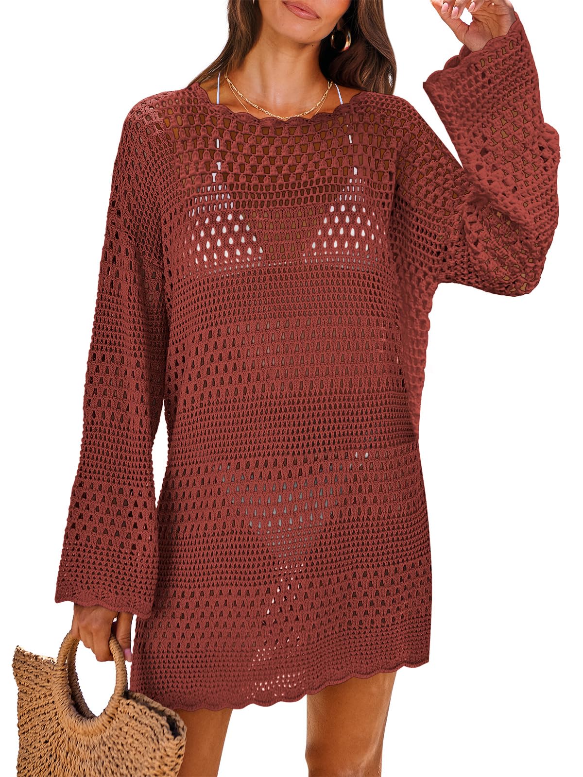 ANRABESS Women Swimsuit Cover Up Beach Crochet Bathing Suit Mini Dress