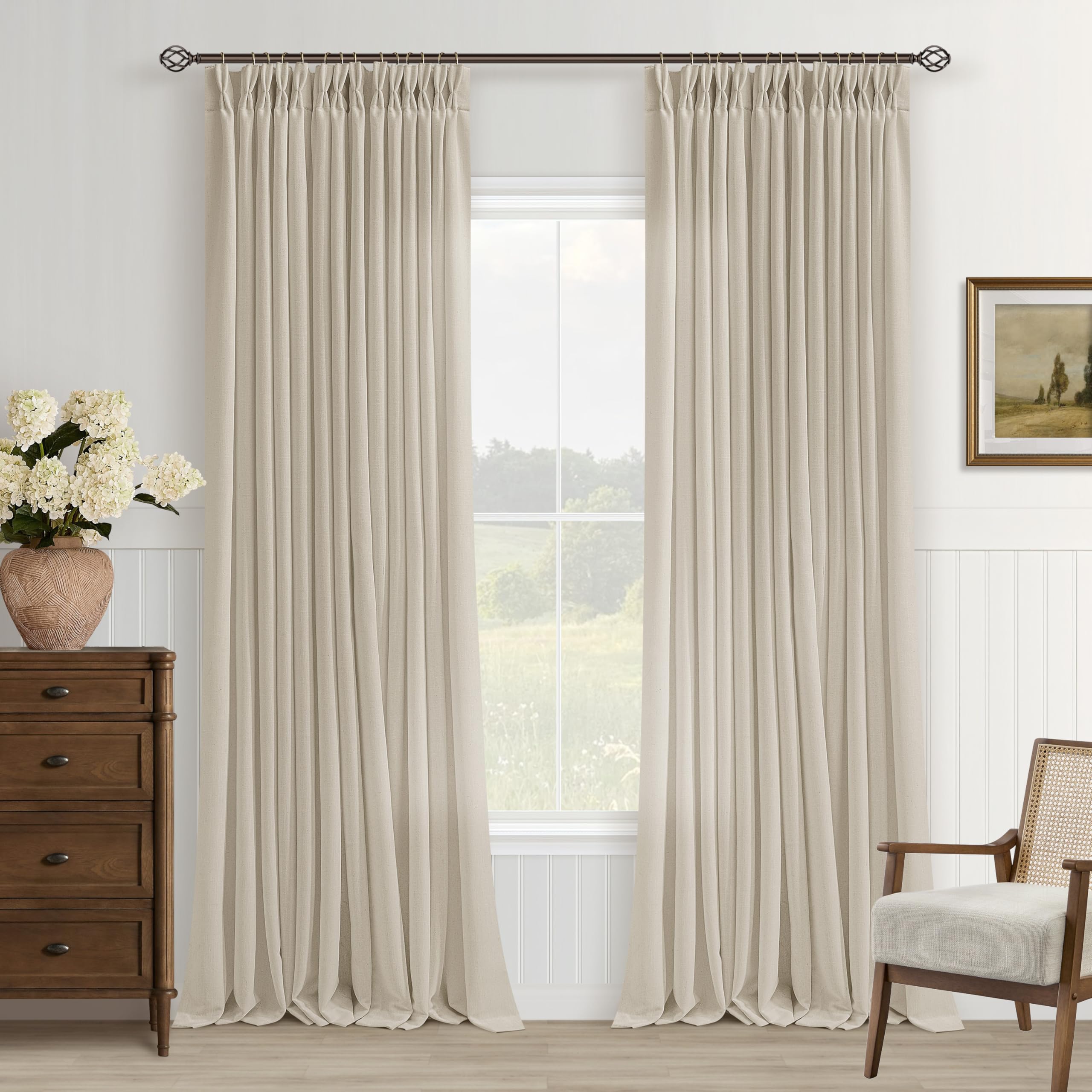 Photo 1 of 105 Inch Linen Curtains Pinch Pleated 2 Panels for Living Room Dining Light Filtering Semi Sheer Memory Trained Pinch Pleat Back Tab Bedroom Curtains Neutral Earthy Tone Flax Drapes Beige Tan Oatmeal