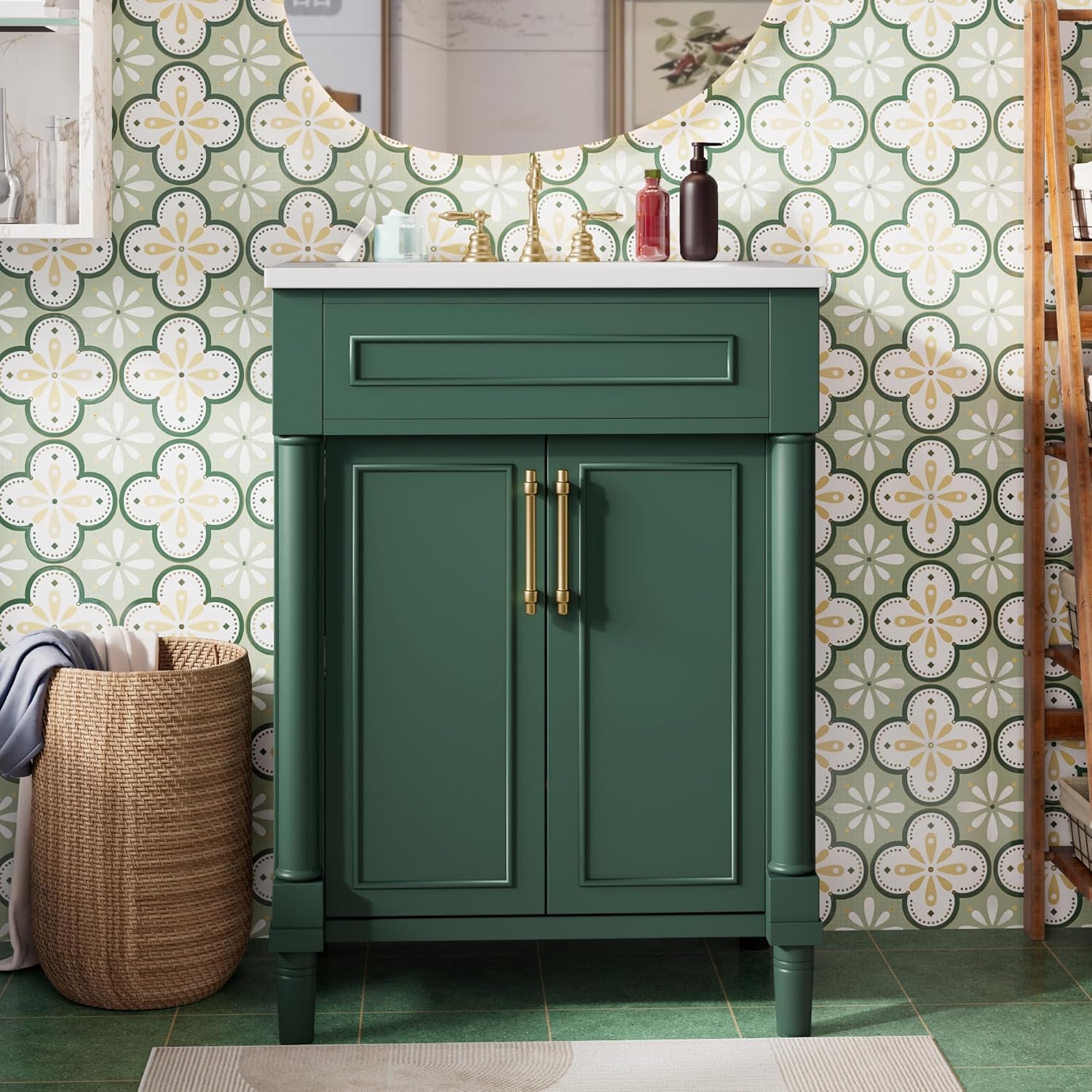 Marzzi Modern Vintage Bathroom Vanity with Sink, 24" Small Bathroom Vanity with Storage Cabinet, Adjustable Shelf, Solid Wood Legs, Ceramic Sink, Painted Finish