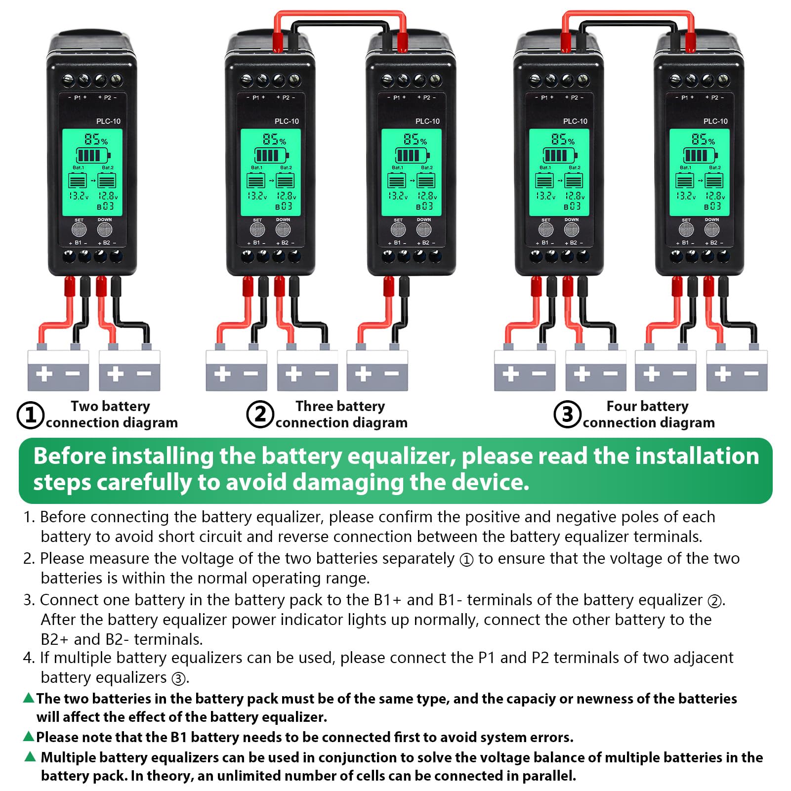 Jadeshay Korektor akumulatora, 2 x 12 V/24 V/48 V/60 V/72 V/96 V, balanser napięcia akumulatora, PLC-10, do akumulatorów kwasowo-ołowiowych, litowych, niklowo-metalowo-wodorkowych, solarnych systemów