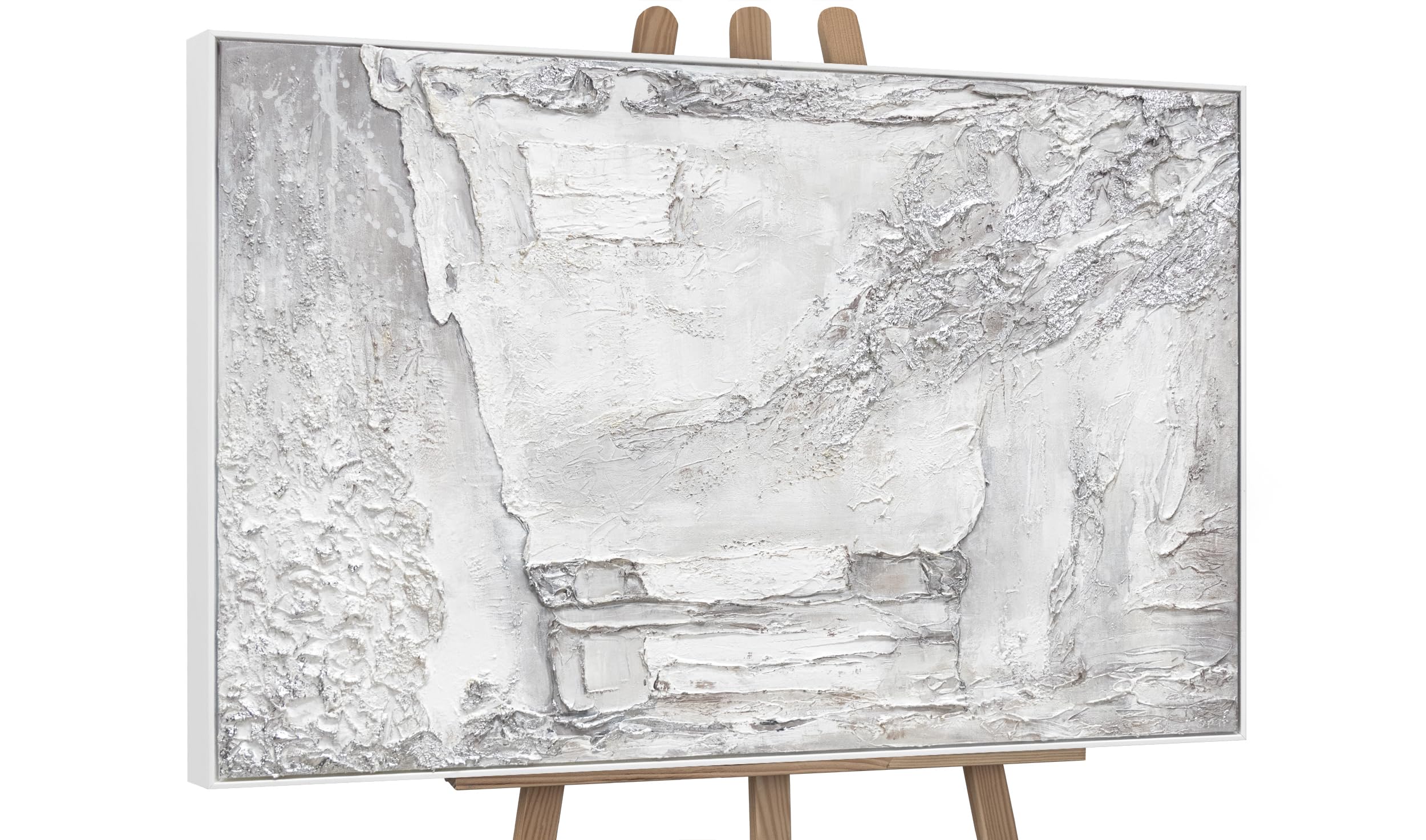 YS-Art Framed abstract acrylic painting on canvas Bright light Hand-painted artwork textured in silver white color Modern wall art 48x32 inch