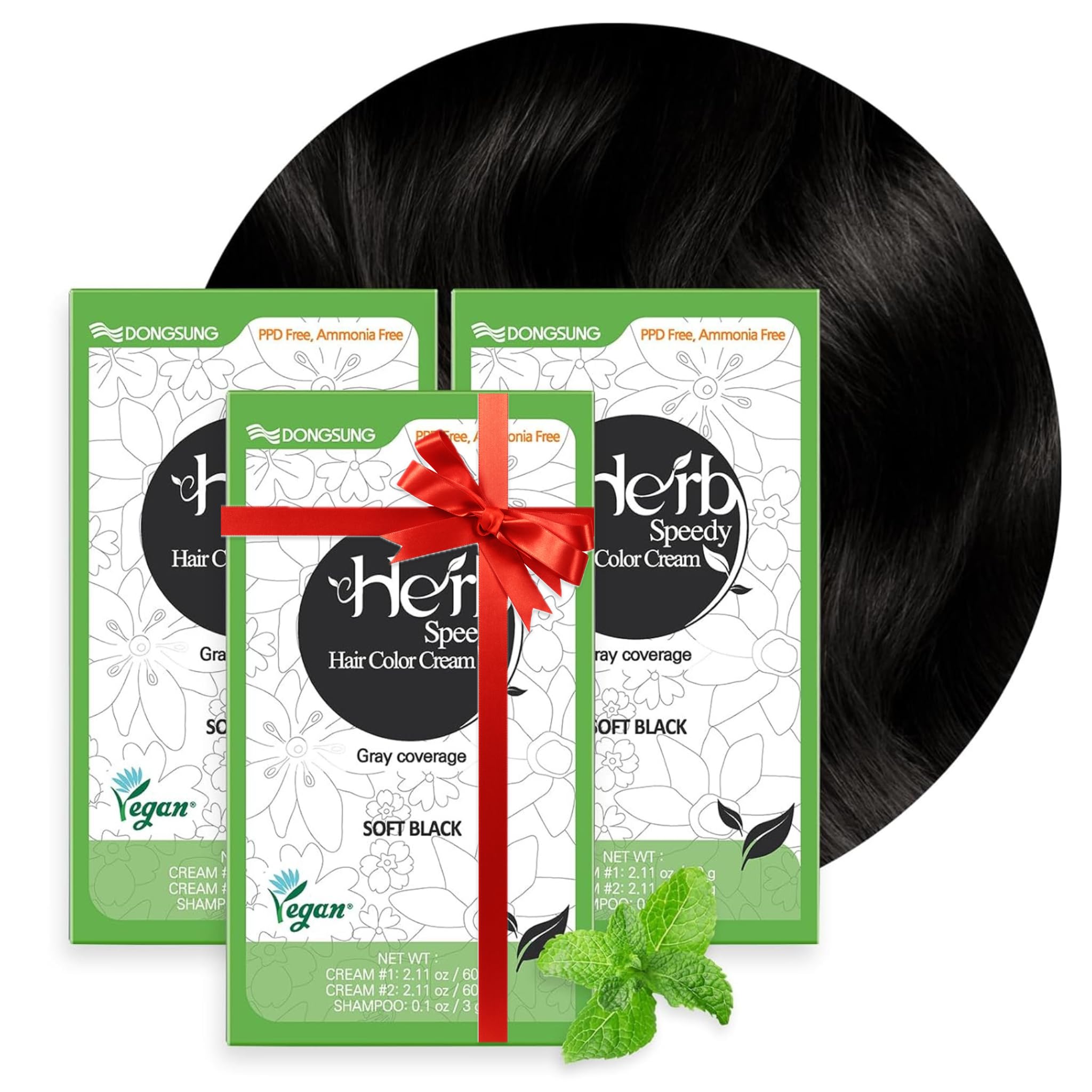 Dongsung Herb Speedy Color Cream (Soft Black, 3 Pack), PPD-Free Ammonia-Free Vegan Gray Coverage Hair Dye with Sun Protection, Odorless, Gentle for