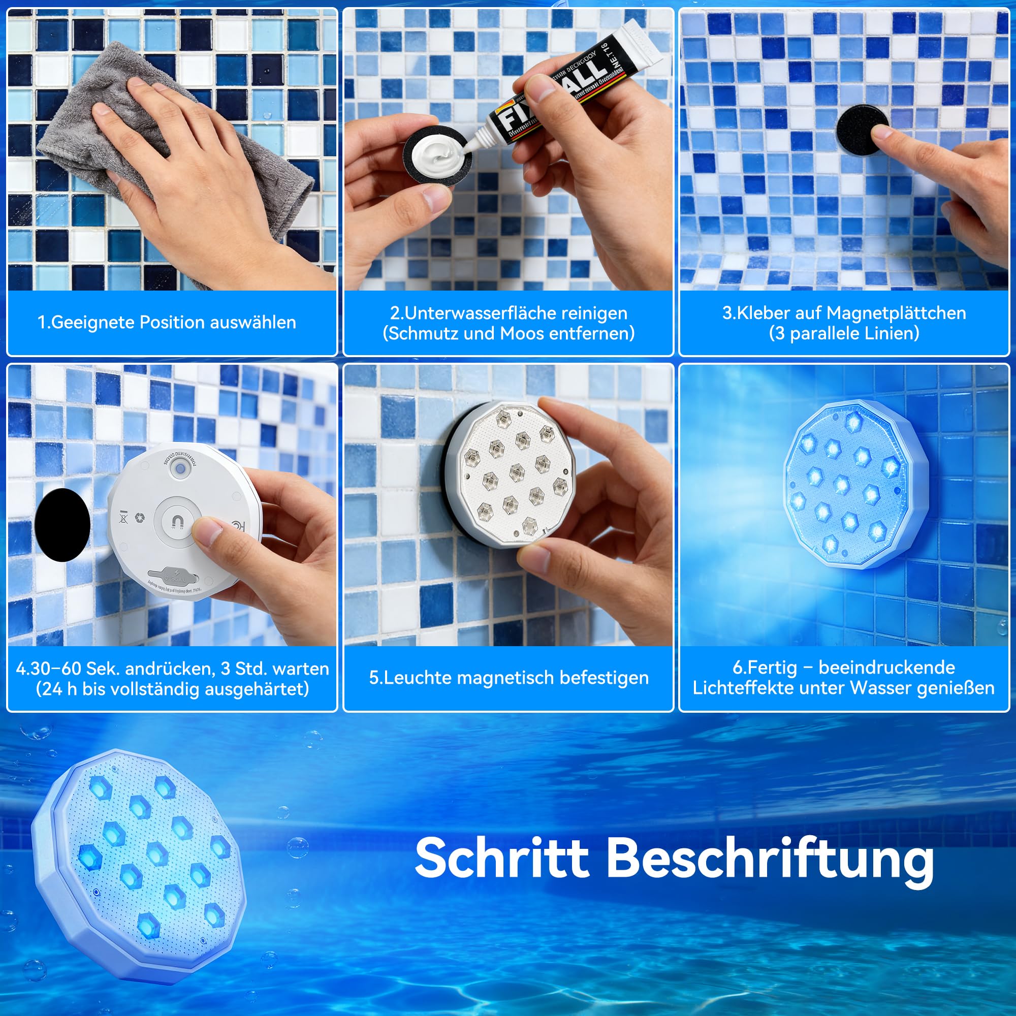 Ollny LED Poolbeleuchtung RGB Magnetic, Wiederaufladbar Unterwasser Pool Licht, Schwimmende Pool zubehör für Schwimmbad, Brunnen, Teich, Aquarium, Party Deko, 2 Stück