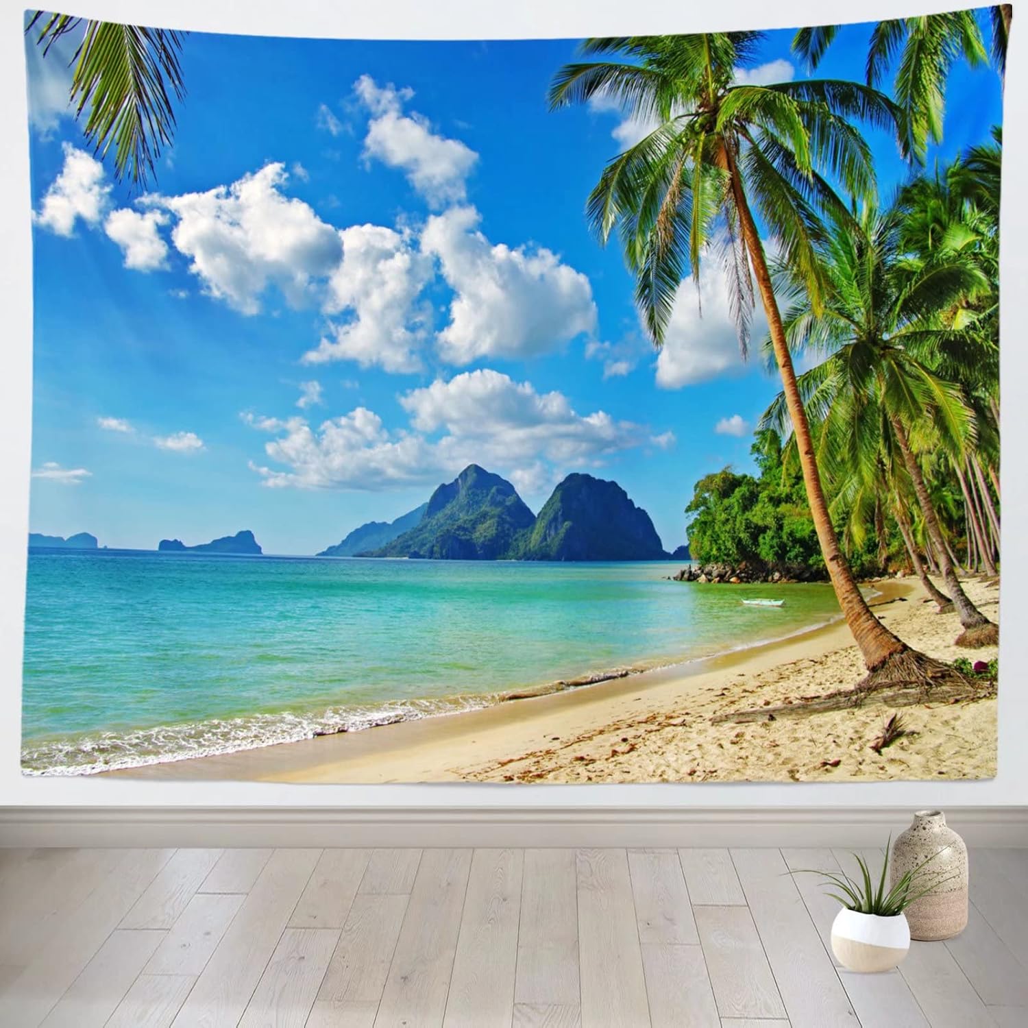 Loccor Ocean Beach Tapestry 120Wx80H Inch Tropical Island Palm Tree Waves Extra Large Tapestry Summer Hawaii Paradise Landscape Wall Hanging Hippie Bohemian Wall Art for Living Room Bedroom Home Decor