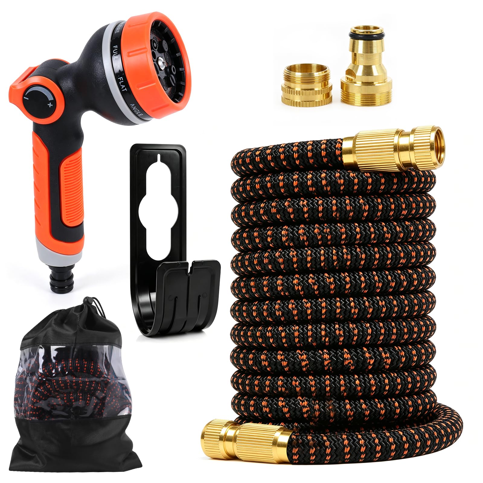 50FT Expandable Garden Hose, Flexible Water Hose with 10-Pattern Spray Nozzle, 4-Layer Latex Core, Leak-Proof Retractable Hose Pipe Attachments 3/4" Solid Brass Connectors, Anti-Kink
