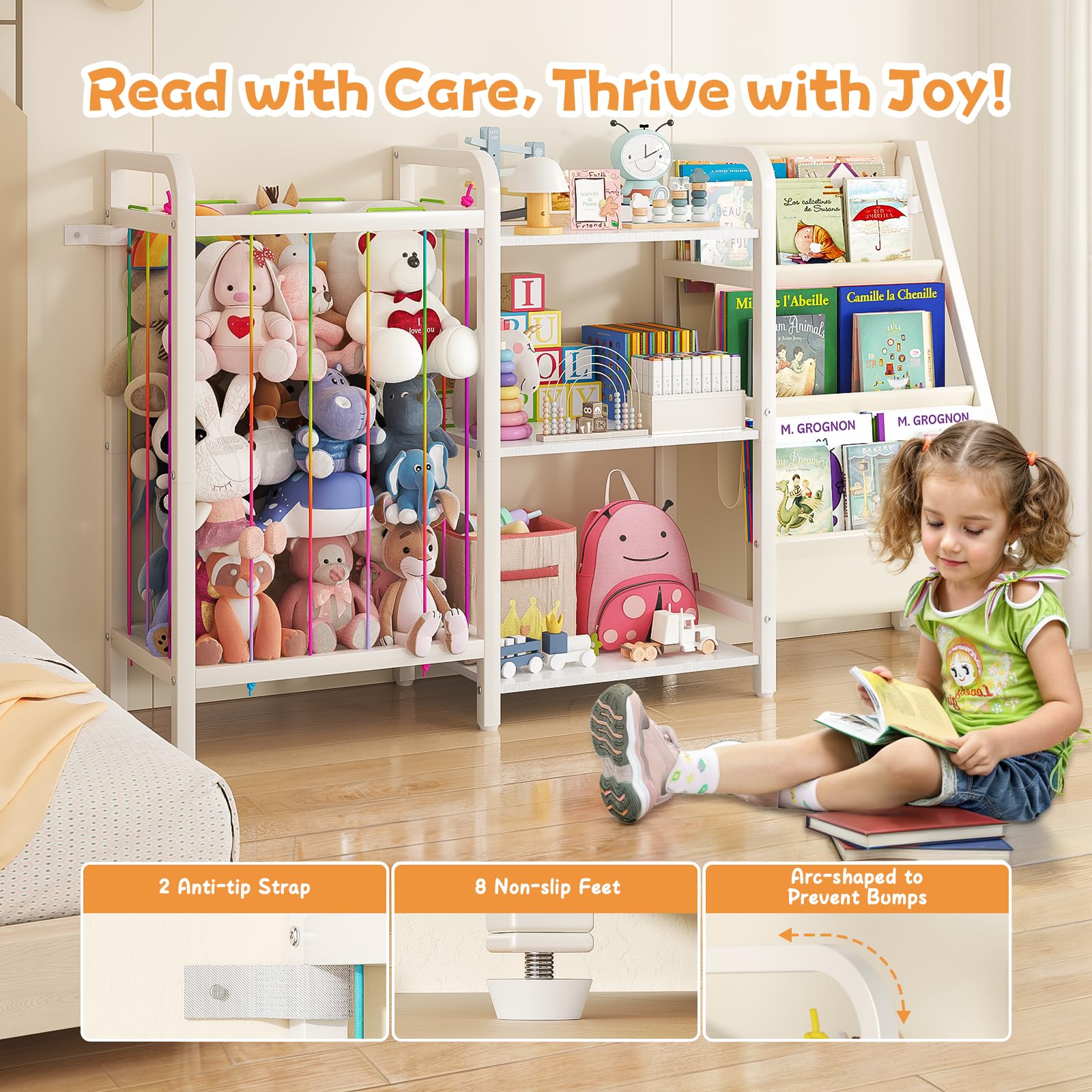B1 - Estantería infantil y almacenamiento de juguetes, estante para libros de 3 niveles para habitaciones de niños, estantería para bebés con almacenamiento de animales de peluche, estantería 3