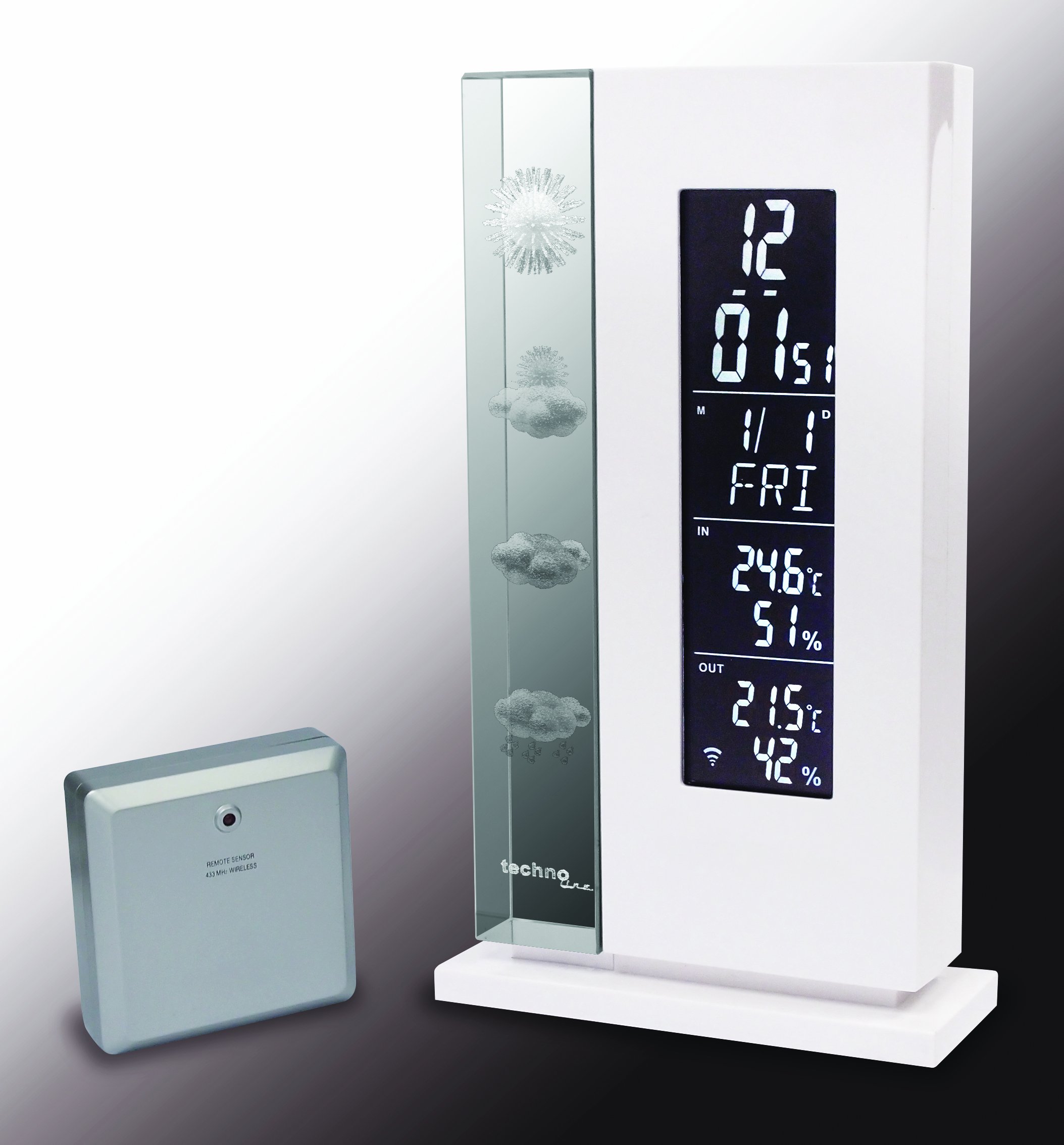 Wetterstation WS 6600 mit Vorhersage von Wettersituation durch in Glas gelaserte 3D-Wettersymbole