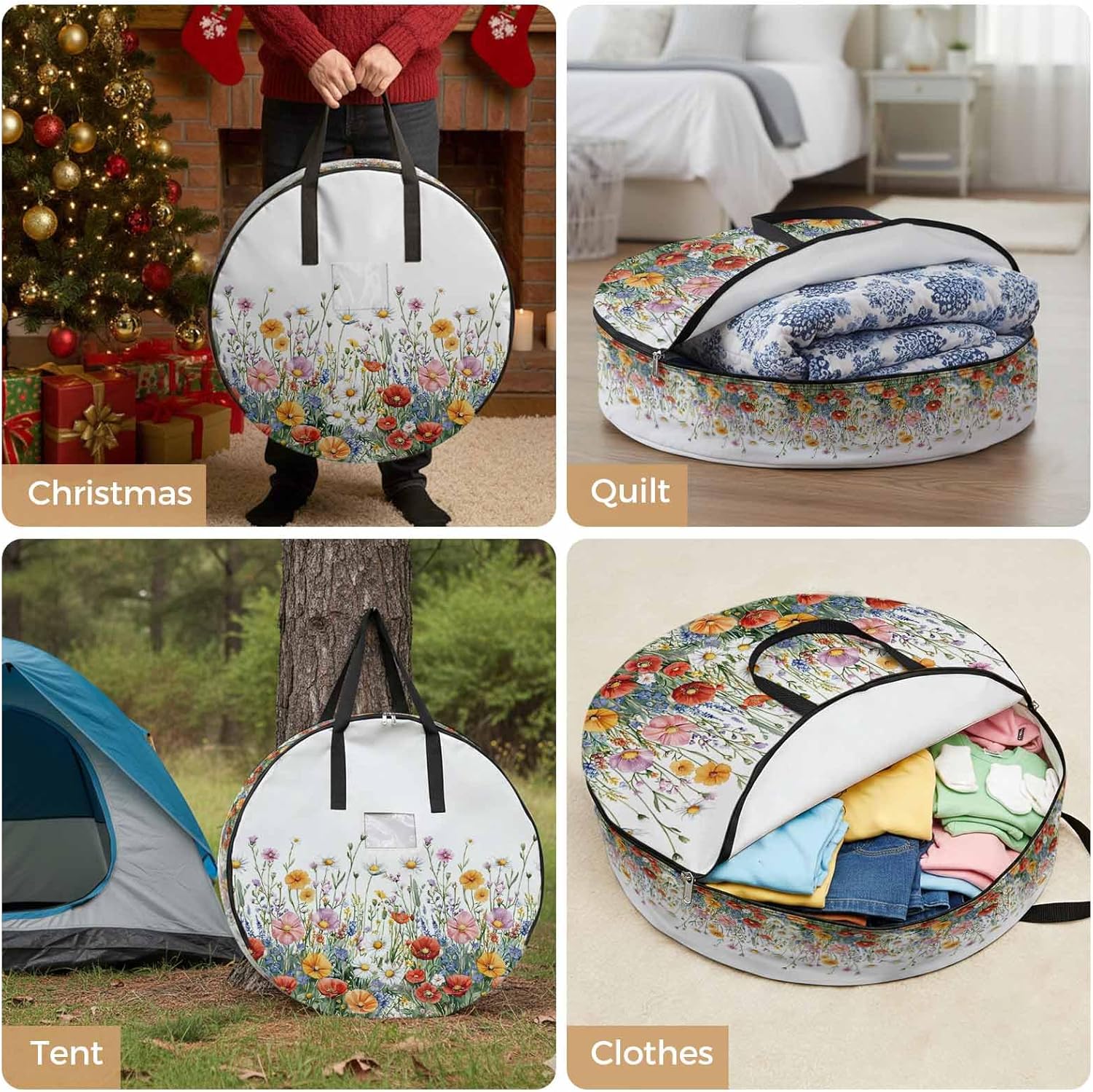 Spring Flower Round Storage Bag 36 Inch, Red Pink Orange Floral Leaves Natural Clothes Storage Container with Handles Heavy Duty Organizer for Comforter, Bedding & Holiday Wreaths