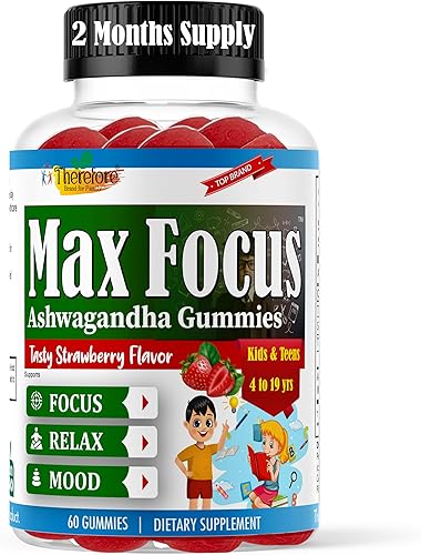 Max Focus - Gomitas de raíz de Ashwagandha para niños y adolescentes, apoyan el estado de ánimo tranquilo, relajación, sueño, antiestrés, memoria,