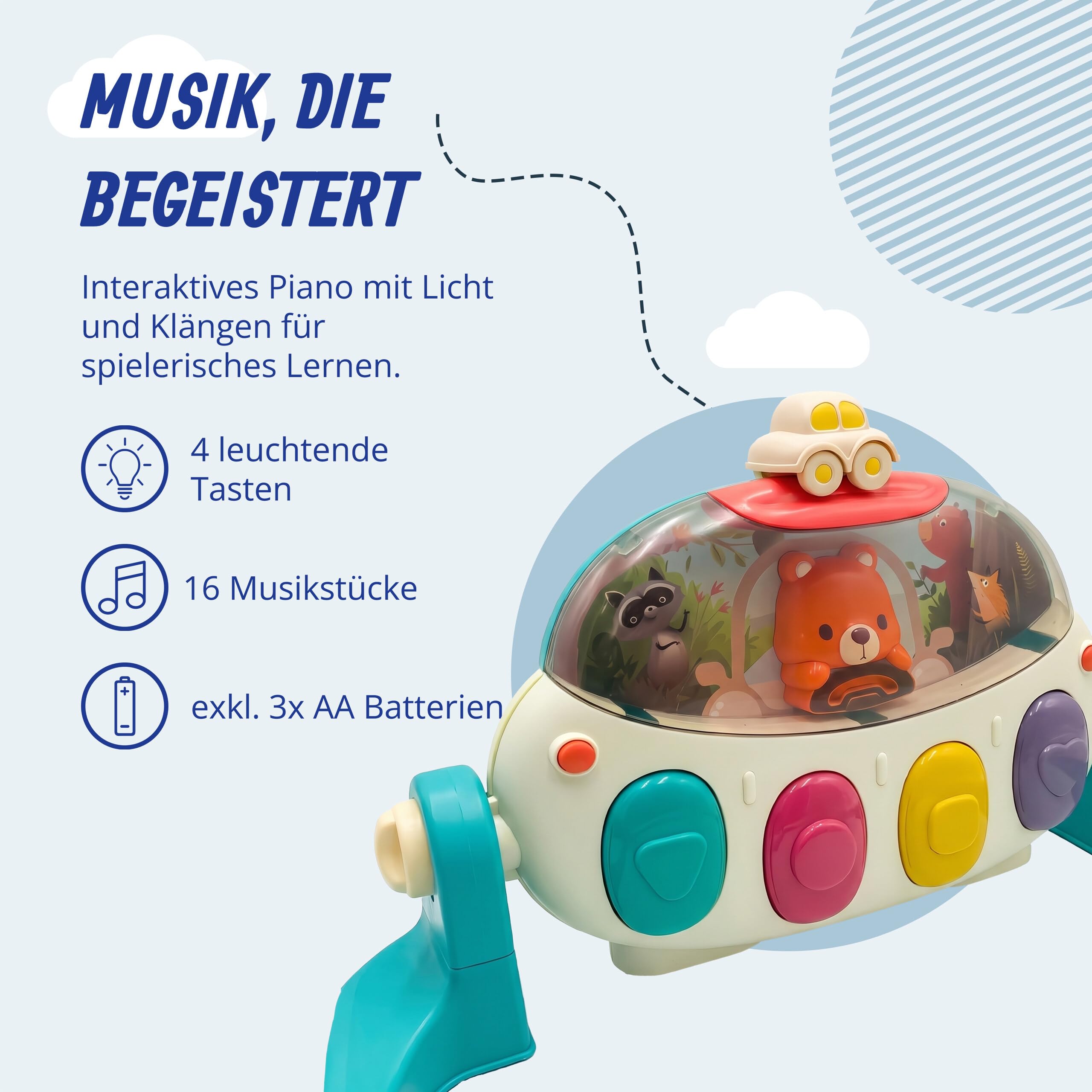 Relaxdays Spielbogen, mit Spielzeug, Rollen, Musik & Licht, blau | HBT: 41 x 58 x 75 cm, Baby Gym, Krabbeldecke Dschungel
