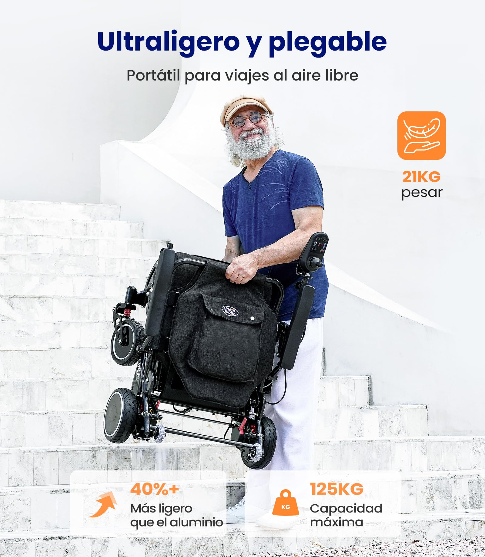 VOCIC V81 Carbono Silla de ruedas electrica plegable ligera 24KG,Sillas ruedas eléctrica de doble batería,28KM electric wheelchair para todos los terrenos,Aprobado por la aerolínea
