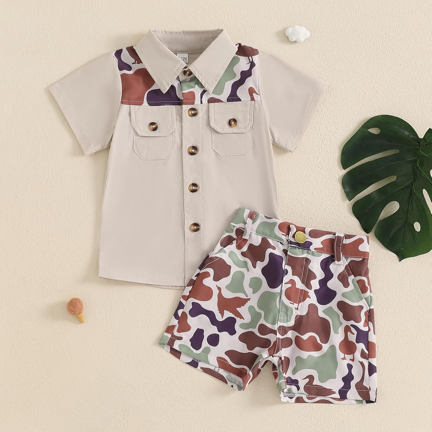 Toddler Baby Boy Hunting Outfit Duck Camo Button Down Short Sleeve Shirt Top and Shorts Set 2Pcs Summer Outfits