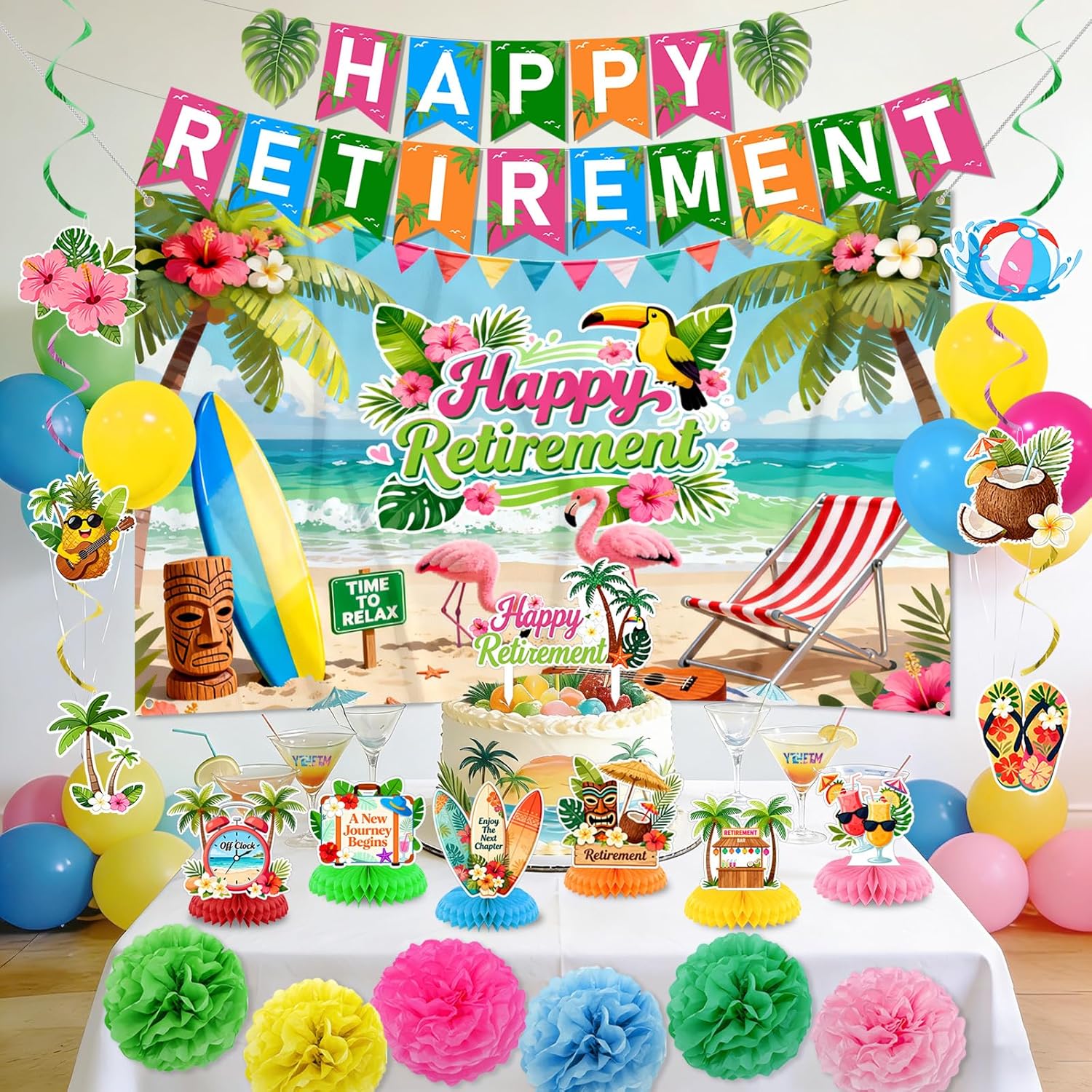 Luau Hawaiian Retirement Party Decorations Tropical Happy Retirement Banner Backdrop with Honeycomb Pom Poms Centerpieces Hanging Swirls Beach Summer Retirement Party Supplies