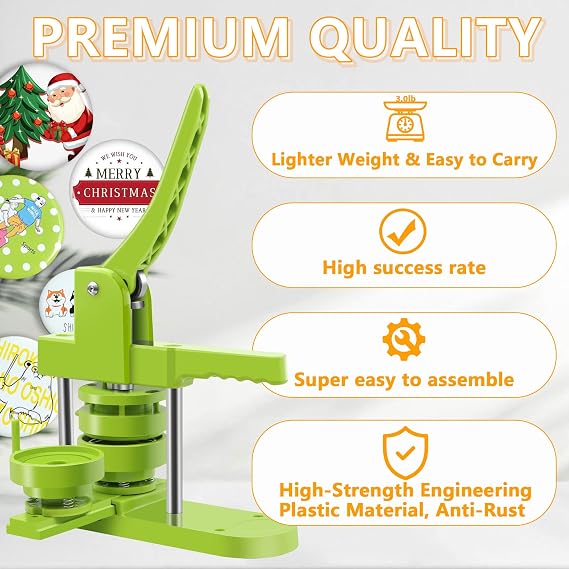 Button Maker Machine Multiple Sizes 1.25in+2.25in, Button Pin Maker Machine Kit for DIY Gifts, Button Press Machine with Free 200PCS 32+58mm Button Making Supplies & 2 Circle Cutter