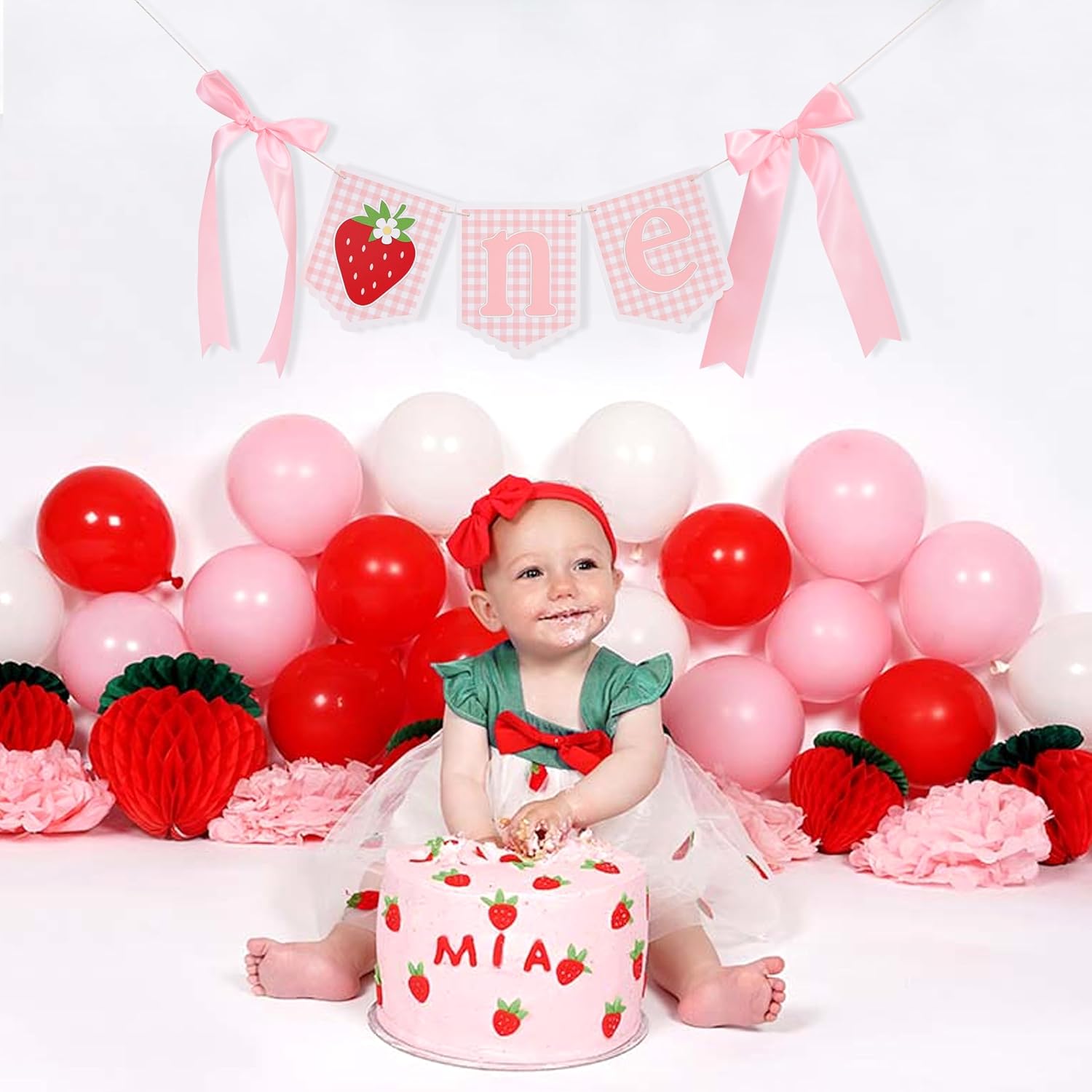 One Sweet Berry High Chair Banner - Strawberry 1st Birthday Party Decorations,Strawberry Banner with Pink Bow,First Berry Birthday Highchair Garland,Fruit Party Cake Smash Photo Props (One Sweet Berry)