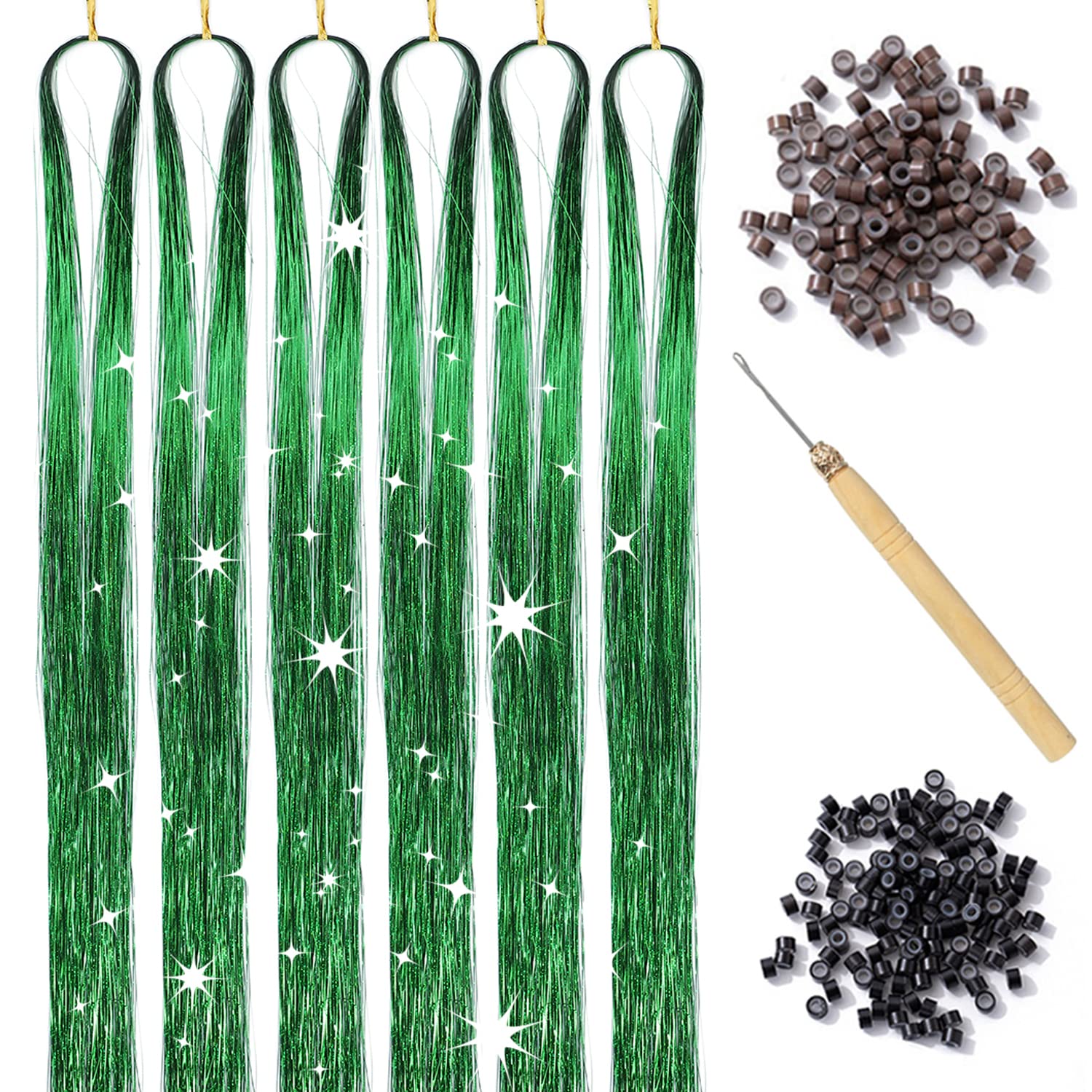 Green Hair Tinsel Kit with Tool 6pcs 1200 Strands Glitter Tinsel Hair Extensions