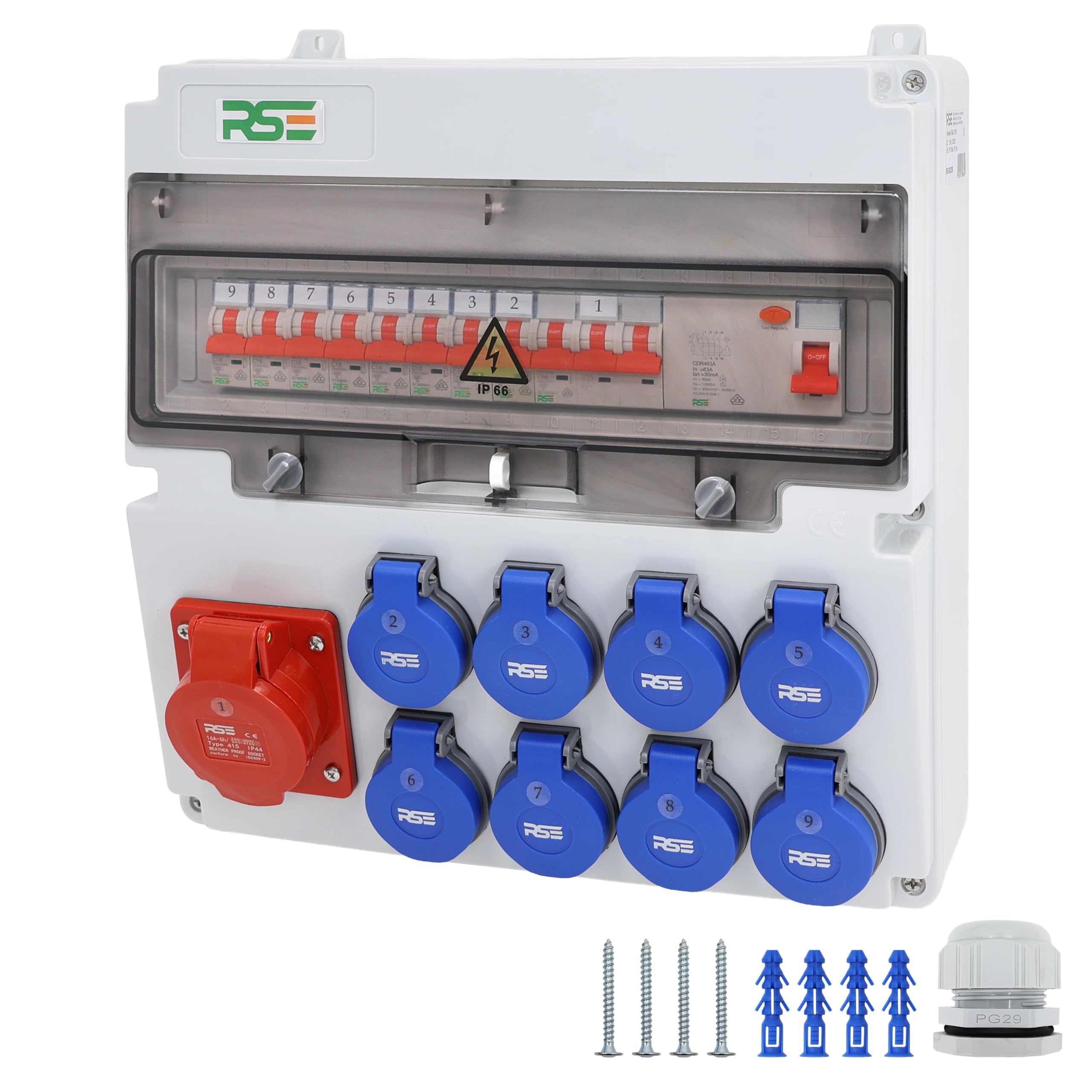 RSE BAUSTROMVERTEILER WANDVERTEILER KOMPLETT VERDRAHTET, VERSCH. VARIANTEN 32A CEE, 16A CEE, 230V ZUR AUSWAHL, IP66 GEHÄUSE, 1X16A, 8X230V, MIT LS+FI