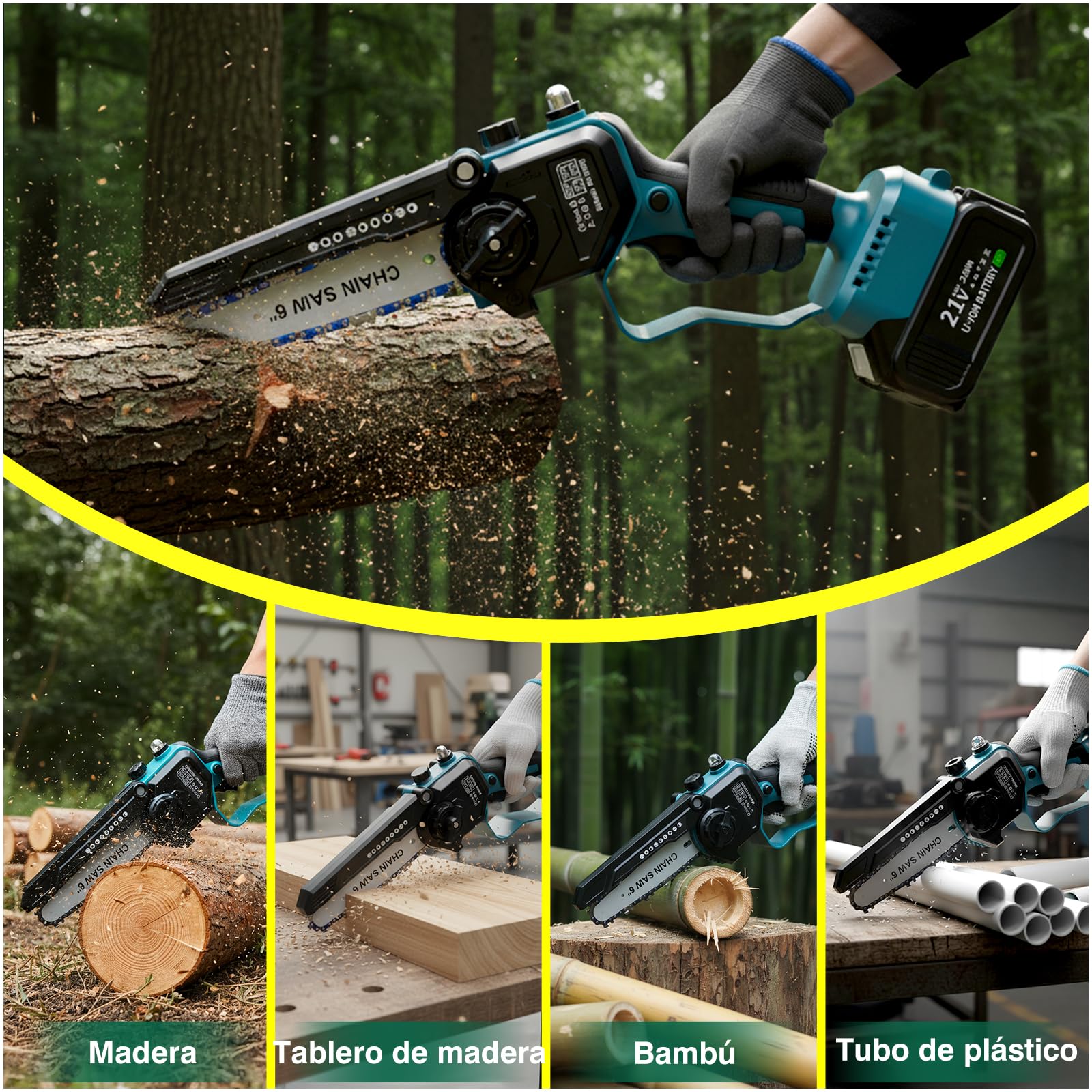 Motosierra a batería 6" - Motosierra de una mano con juego de 8" (2 en 1), engrasador automático, tensión de cadena sin herramientas, maletín, 2 barras guía y 2 cadenas con cubrecuchillas, sin batería