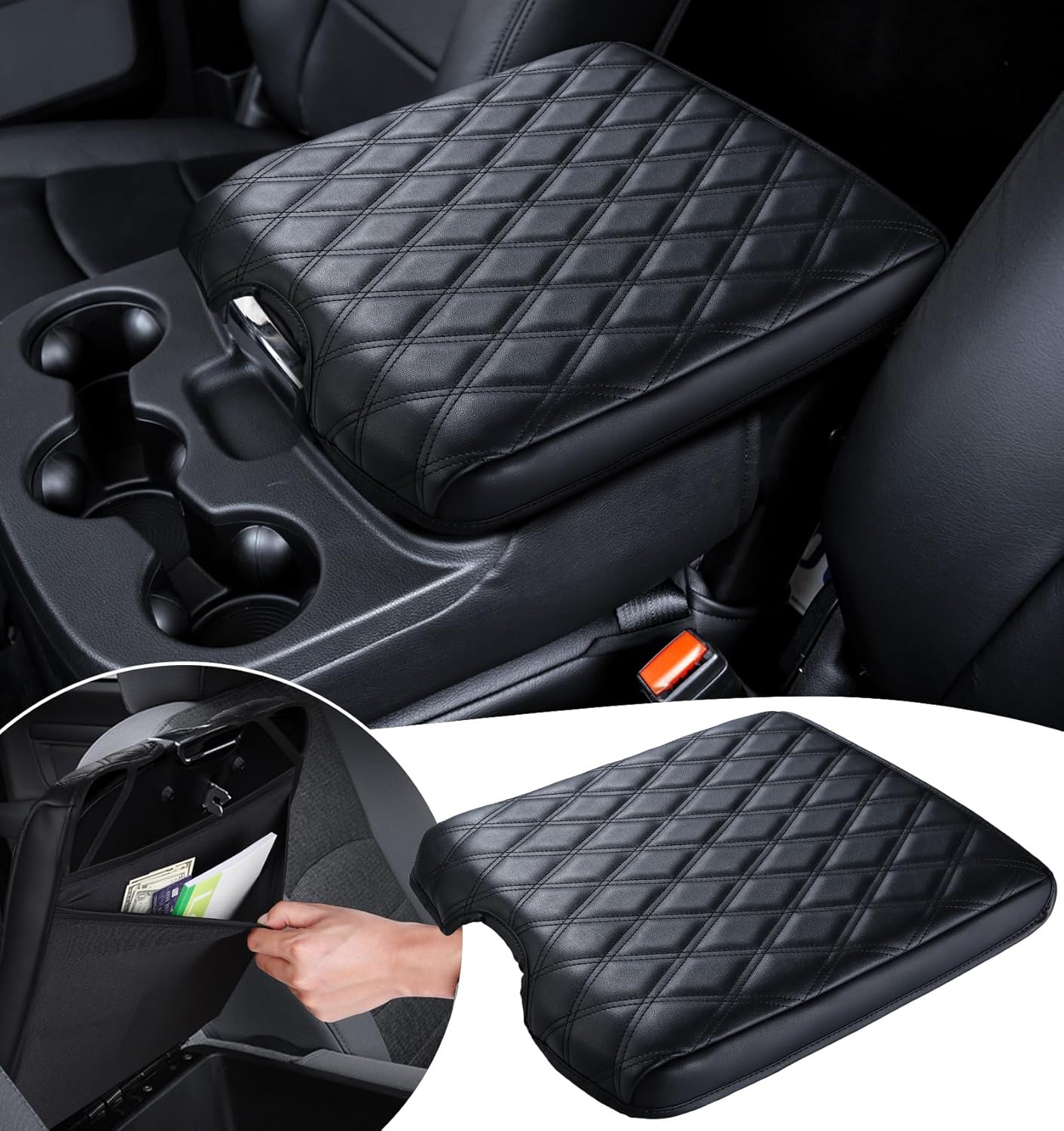 Middle Console Cowl for 2013-2018 Ram 1500 & 2013-2024 Dodge Ram 2500/3500/1500 Basic Mannequin, PU Leather-based Armrest Cowl Center Console Cowl Equipment with Hidden Pockets, Leap Seat Console Solely