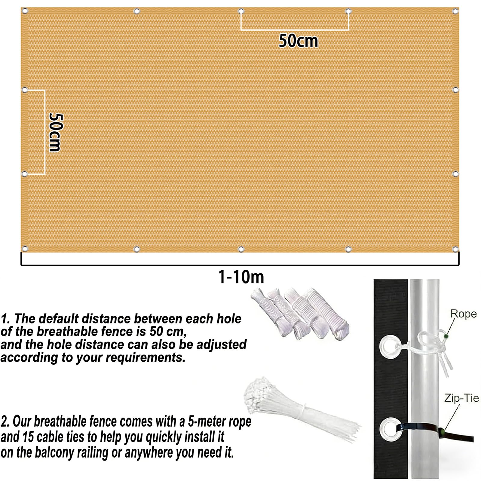 Telo Balcone 130 x 750 cm in HDPE 220G ㎡, Permeabile, Anti-Uv, Frangivento, Protezione Solare, Copertura Balcone Ringhiera con Fascette e Funi para Jardín Exterior, Giallo sabbia