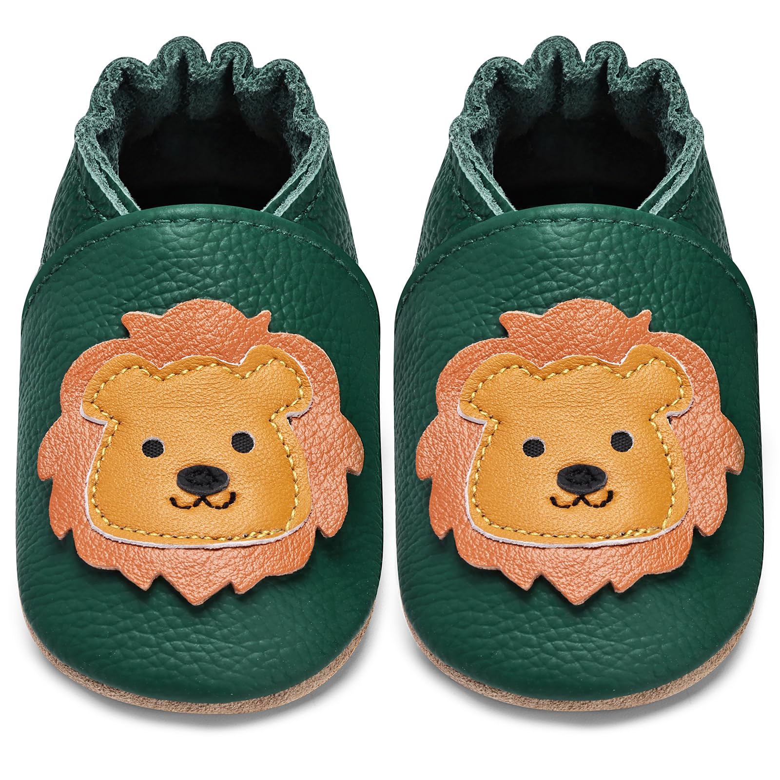 IceUnicorn Krabbelschuhe Baby Lauflernschuhe Jungen Mädchen Weicher Leder Babyhausschuhe Kleinkind Rutschfeste Lederschuhe Baby(Dunkelgrüner Löwe, 0-6 Monate)