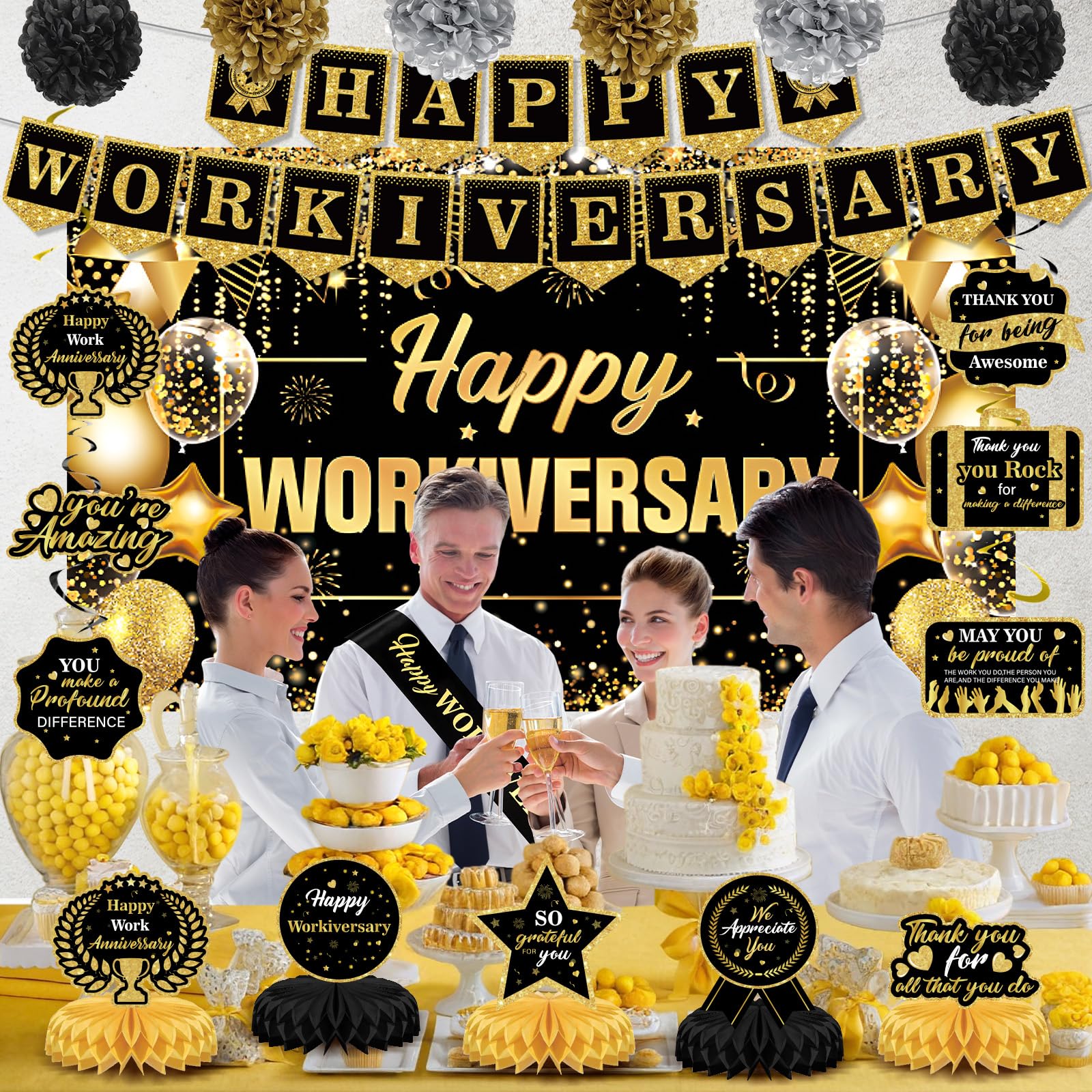Pastor Appreciation Decorations Black Gold Workiversary Decorations Kit -  Office Anniversary Party Supplies With Banner \u0026 Centerpieces Work Party  Banner Kit, image size:1600x1600