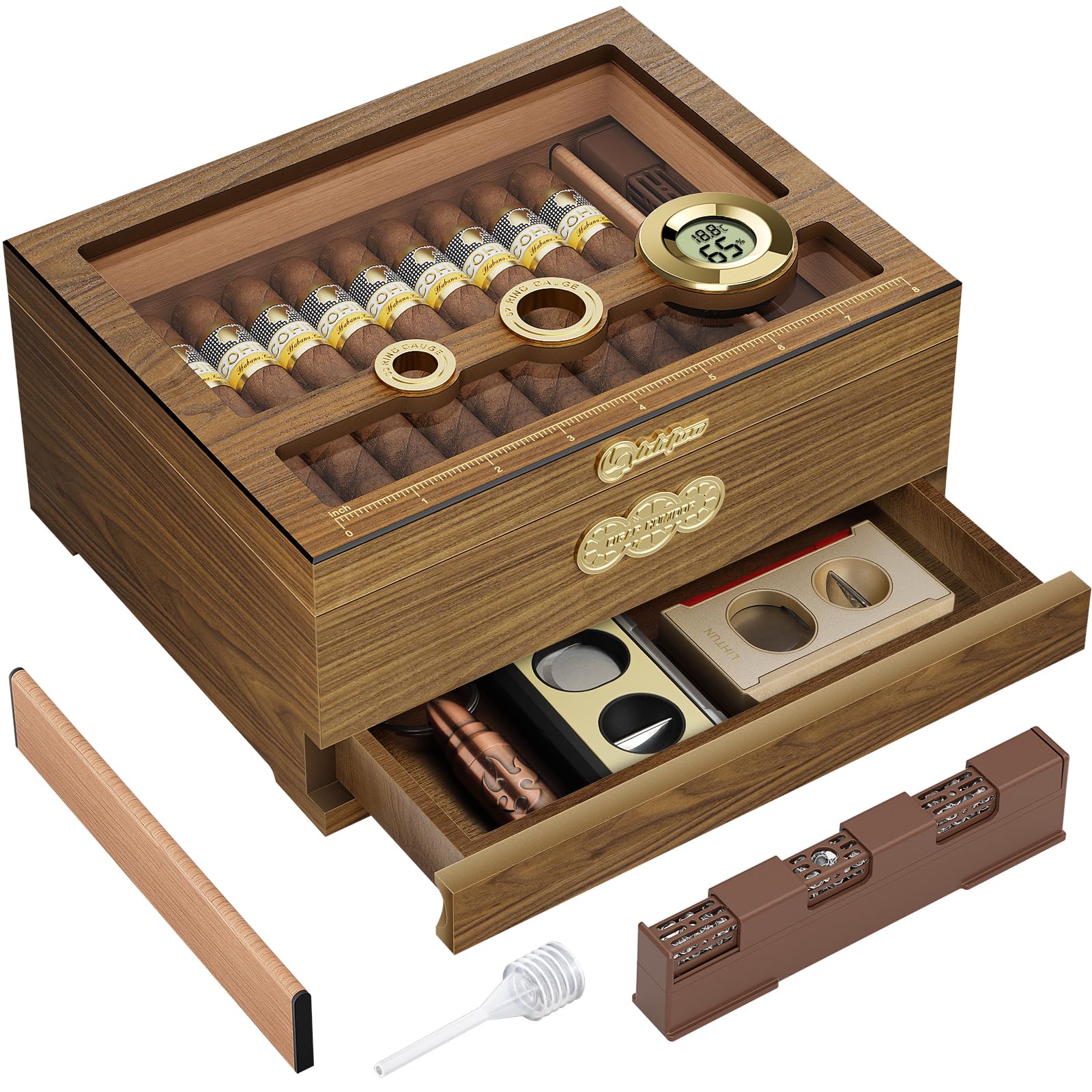 LIHTUN Cave à cigare, étui à cigares de bureau avec hygromètre numérique, humidificateur, tiroir d'accessoires de cigare, tiroir et échelle de mesure, boîte à cigares pour homme (Ch-2)