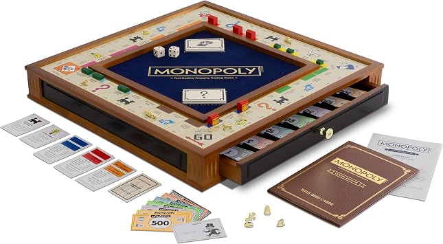 Monopoly Trophy Edition by WS Game Company - Premium Two-Tone Wooden Cabinet with 2 Storage Drawers | Gold-tone Diecast Tokens | Wooden Homes and Hotels | Deluxe Board Game for 2-6 Players