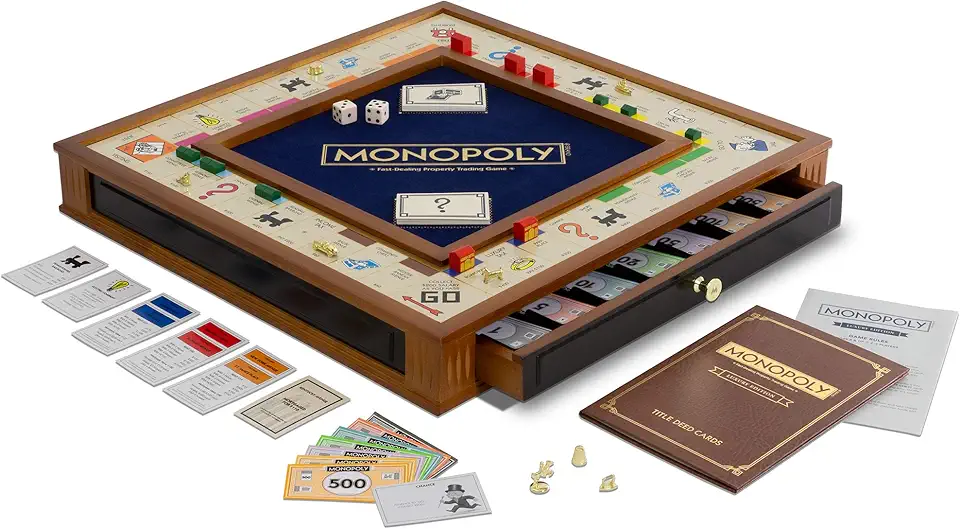Monopoly Trophy Edition by WS Game Company — Premium 2-Tone Wooden Cabinet with 2 Storage Drawers | Gold-Tone Die-Cast Tokens | Wooden Houses and Hotels | Luxury Board Game for 2–6 Players