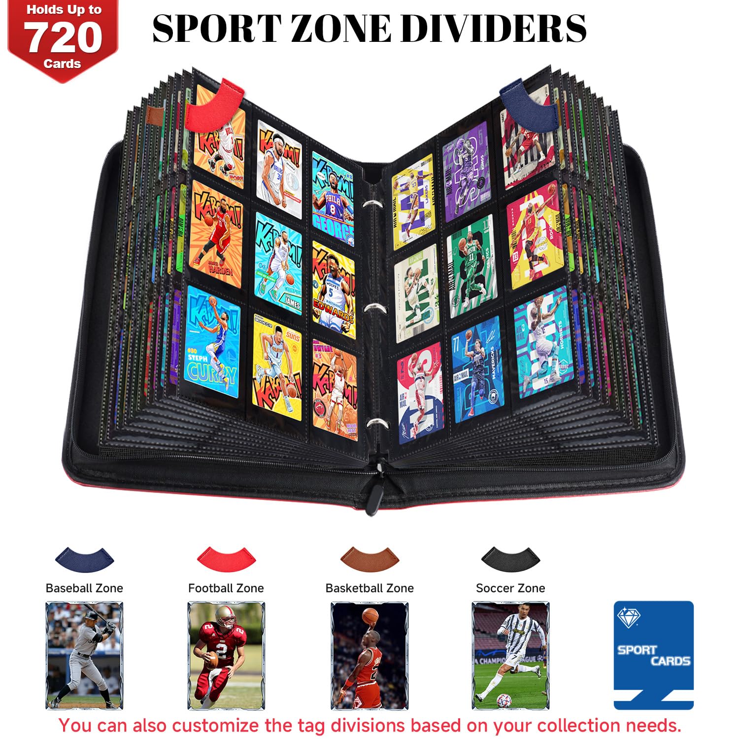 Raccoglitore per carte sportive retrò in poliuretano di alta qualità, raccoglitore per carte collezionabili con 9 tasche, 720 tasche a doppia faccia con etichetta a 4 divisori, album di carte