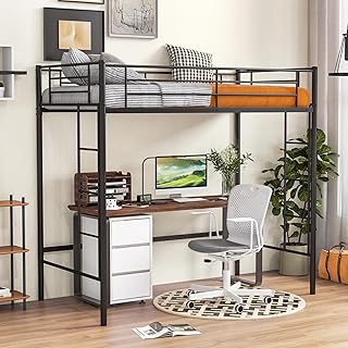 RELAX4LIFE Loft Bunk Bed, 2 Ladders Metal High Sleeper Bed with Safety Guardrail, Bedroom Furniture Space-Saving Single Bed Frame for Childern Teens Kids (Black)