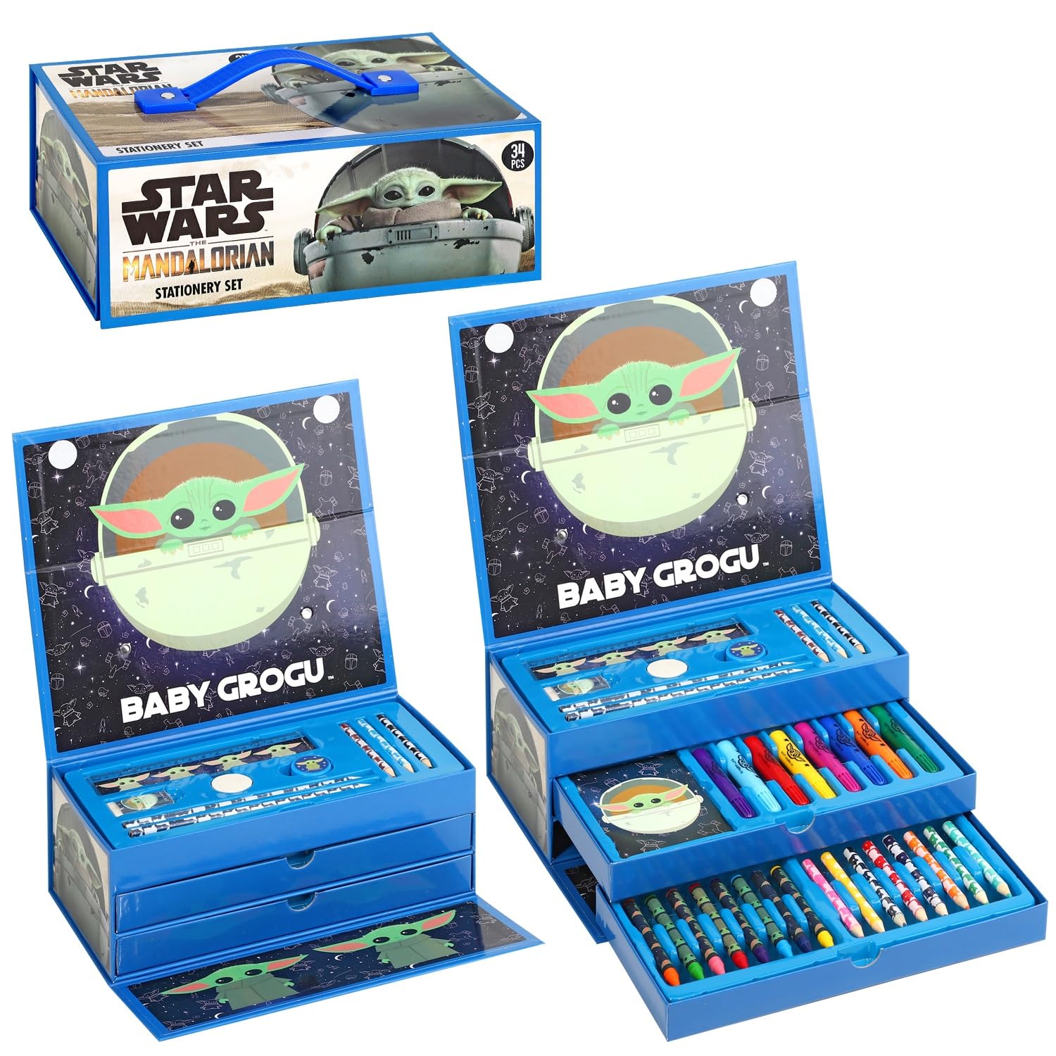 Star Wars The Mandalorian Kids 34pc Colouring Art Stationery Set with Watercolour Felt Tip Pens Crayons and Pencils Travel Set for Children