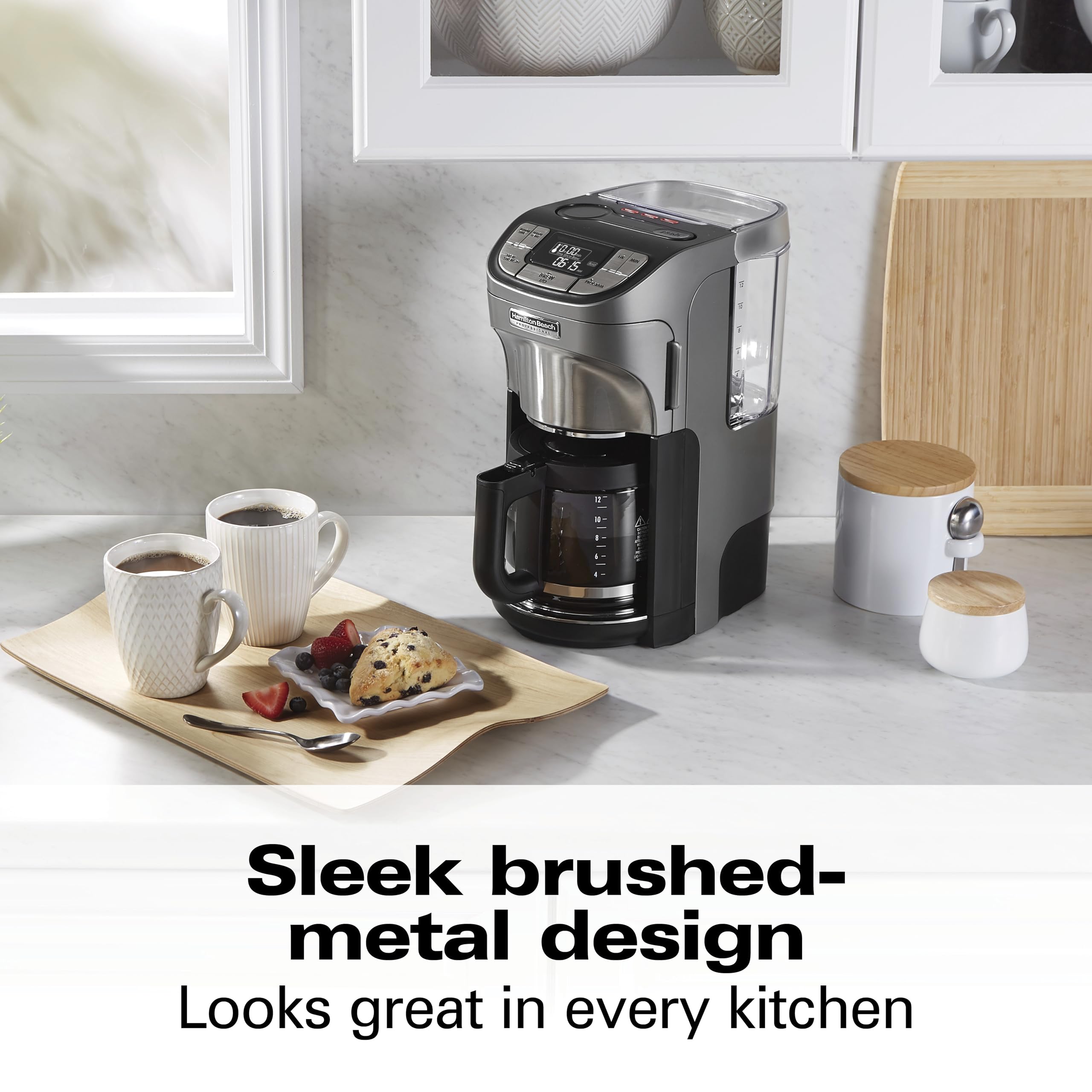 Hamilton Beach Professional Programmable Drip Coffee Maker, 12 Cup Capacity Ergonomic Carafe, 60oz Removable Reservoir,120 volts, Brushed Metal (49500)