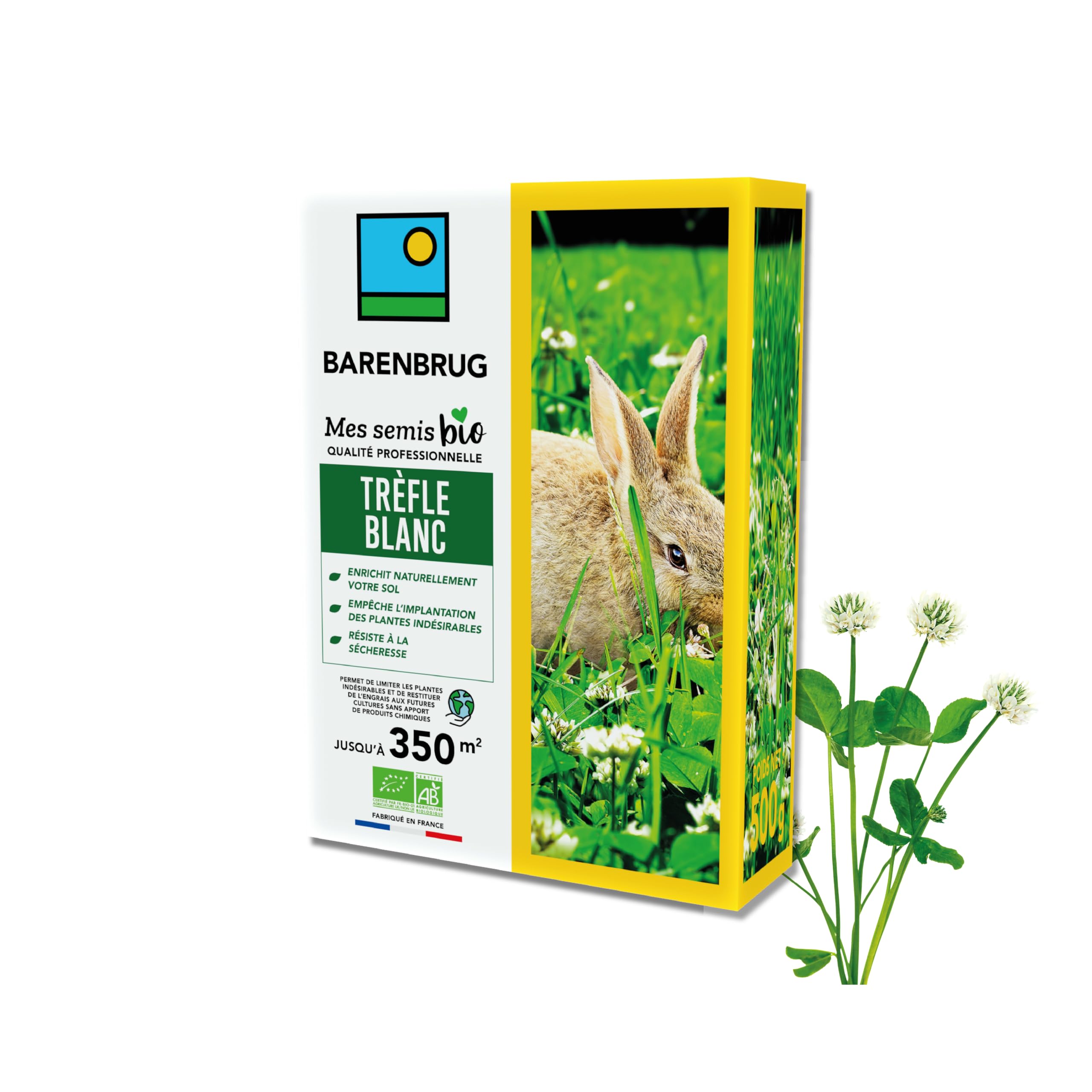 BARENBRUG - Trèfle blanc BIO - Enrichit Naturellement Sol - 500G | Limite les Mauvaises Herbes - Résiste à la Sécheresse - Enrichit le Sol - Fabriqué en France