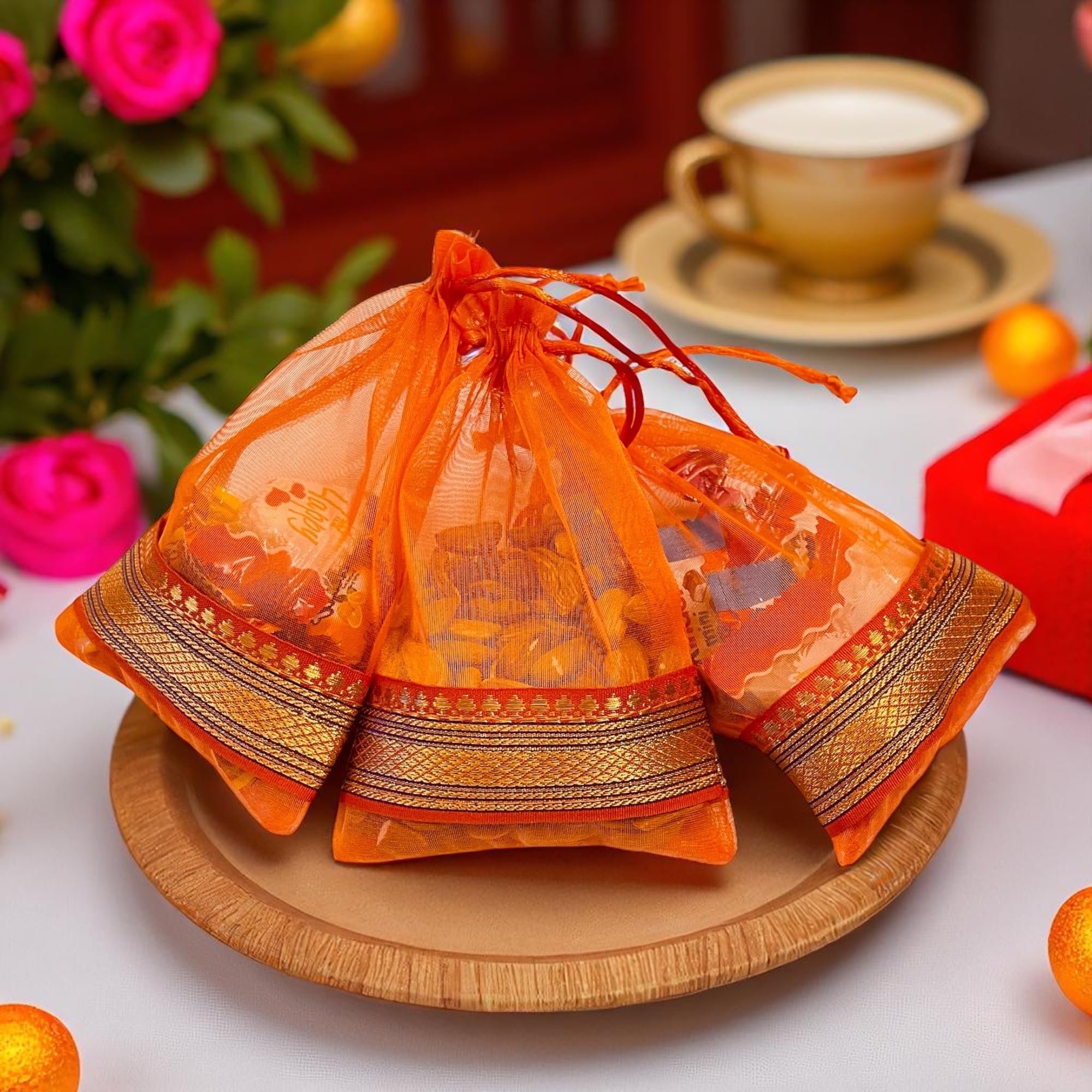 Kriwin Silk Potli Bags with Drawstring, 18 x 12 cm, Pack of 10, for Gifting and Storage (Orange) 3