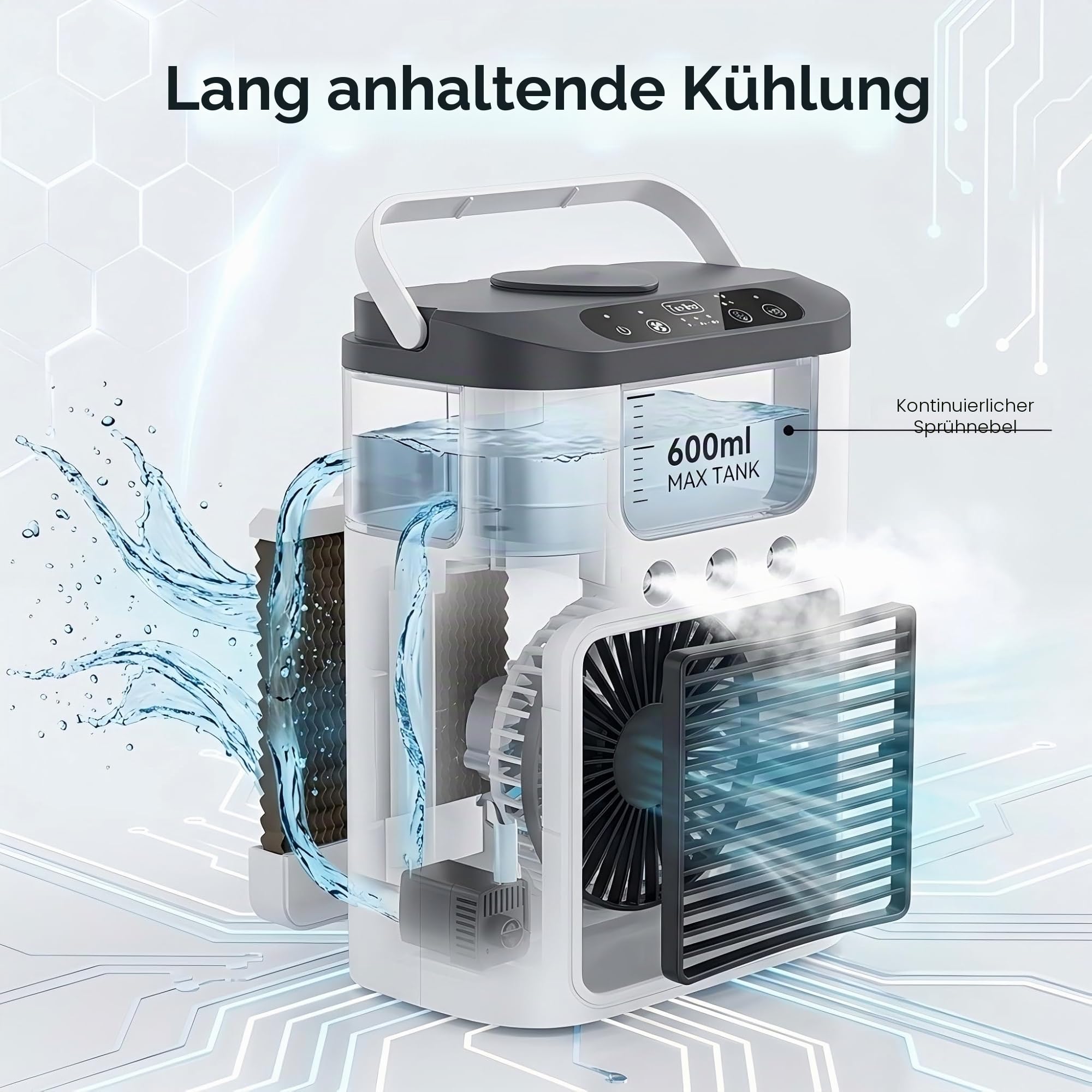 Tragbarer Luftkühler Ventilator, Mini Klimaanlage mit 3 Geschwindigkeiten & 3 Sprühmodi, 600ml Wassertank, RGB Licht, wiederaufladbares Mini-Klimagerät Desktop Ventilator