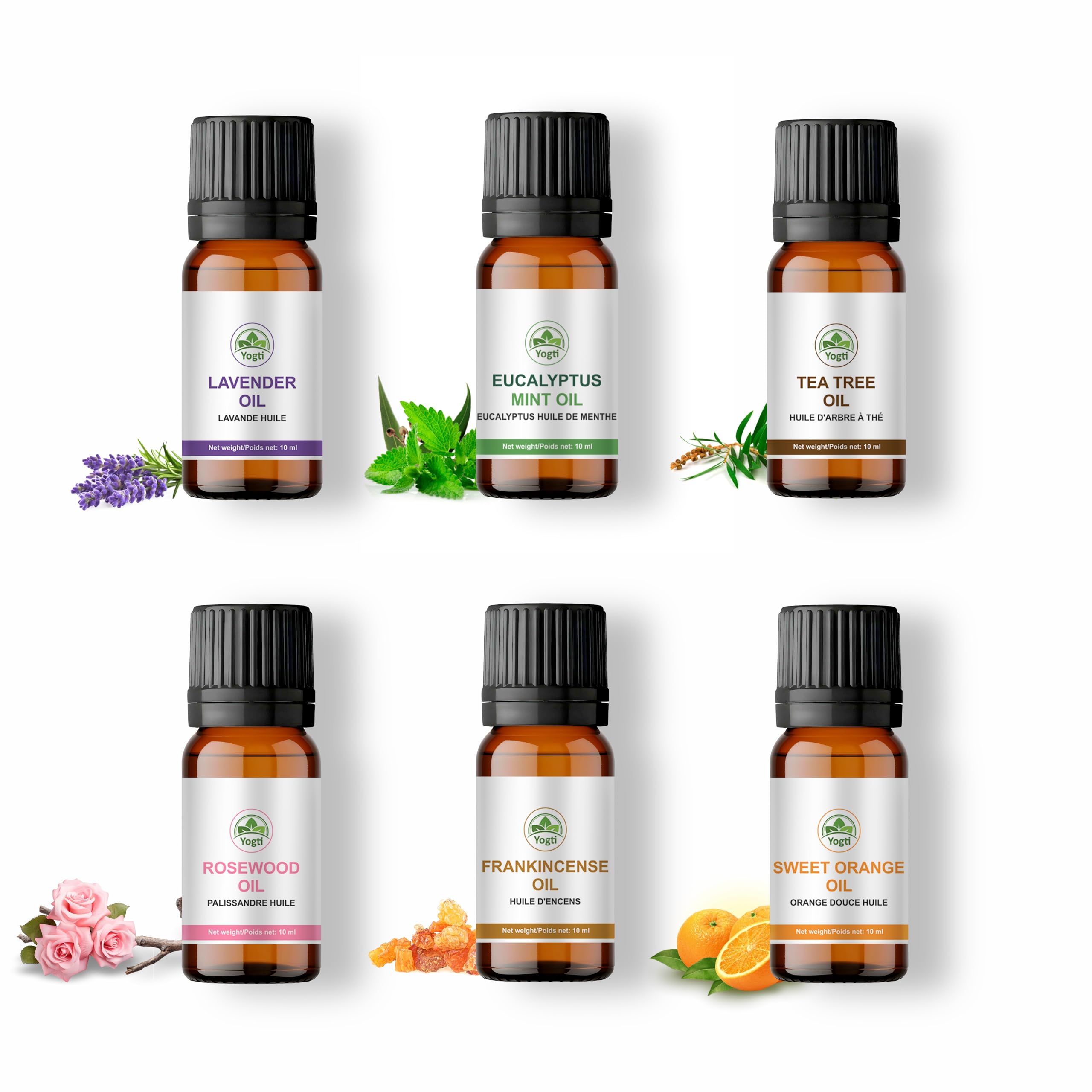 Yogti [Made in Canada] Essential Oil Set of 6 x 10ml – 100% Pure Aromatherapy Oils – Lavender, Rosewood, Eucalyptus Mint, Tea Tree, Frankincense, Sweet Orange Oil – for Diffusers, Massage, Skin, Home Care