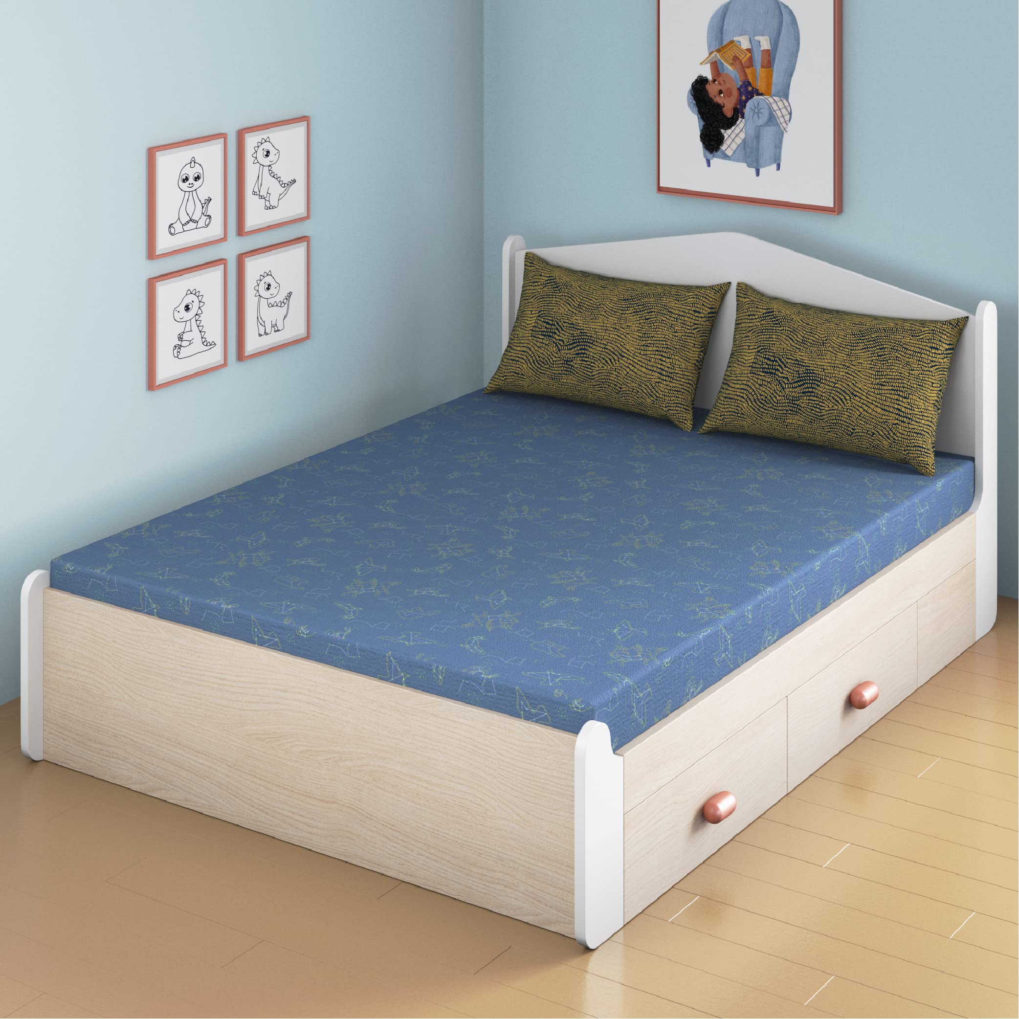 Smartsters Queen Size Bedsheet with 2 Pillow Covers | Elastic Fitted | 100% Bamboo Cotton | 180 Thread Count | Constellation Design | Double Bed | Constellation Glow | 60x80 inches | Blue