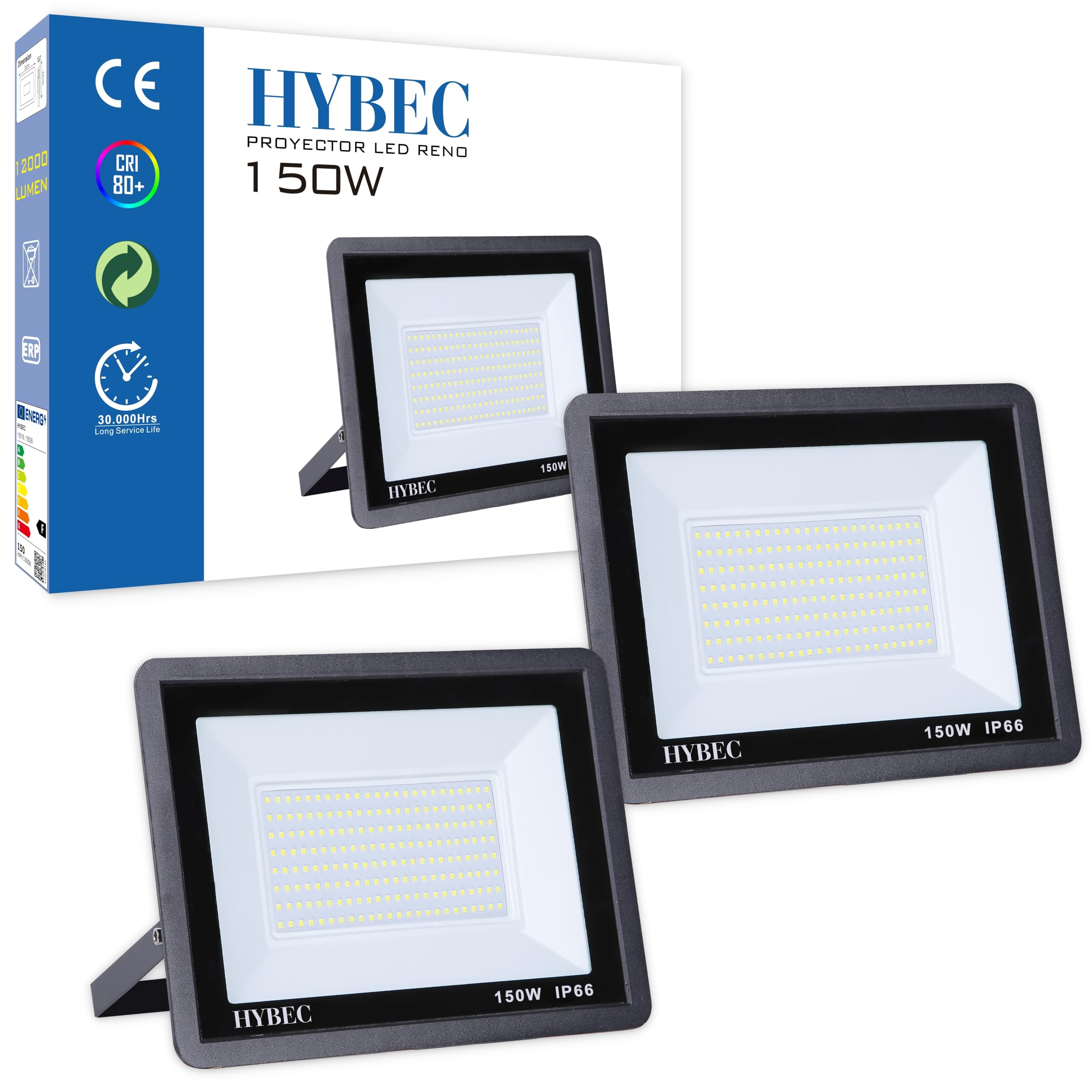 CLAR - 150W LED Outdoor Spotlight, Outdoor Floodlight, 150W, LED Spotlight 3000K IP65, Warm White 3000ºK (Pack of 2)
