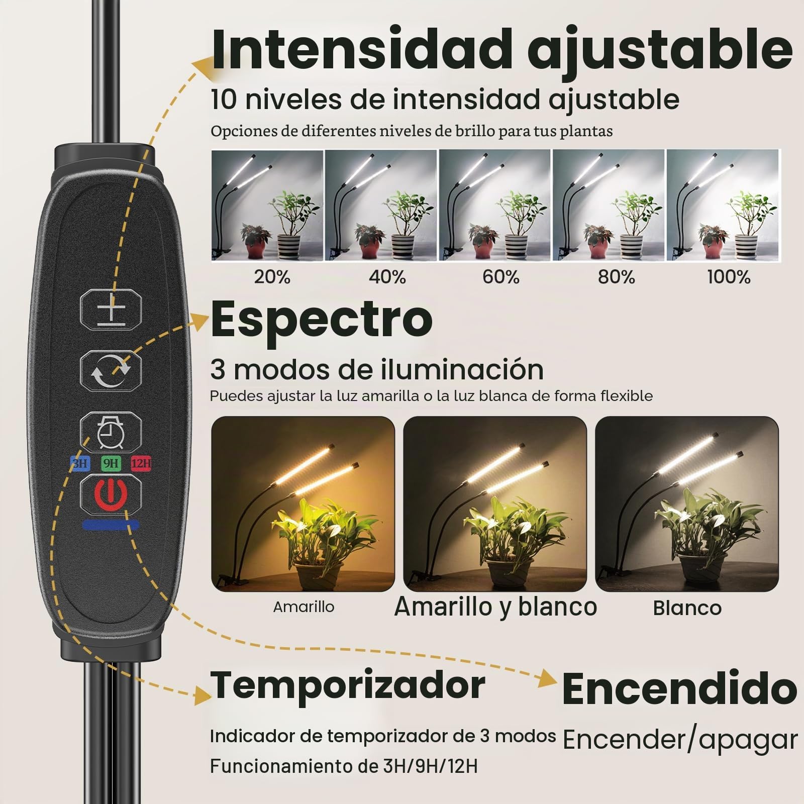 bseah - Luz de cultivo de plantas para plantas de interior, luz de crecimiento de espectro completo, 3 modos y regulable de 10 niveles, temporizador de encendido y apagado automático 3/9/12H