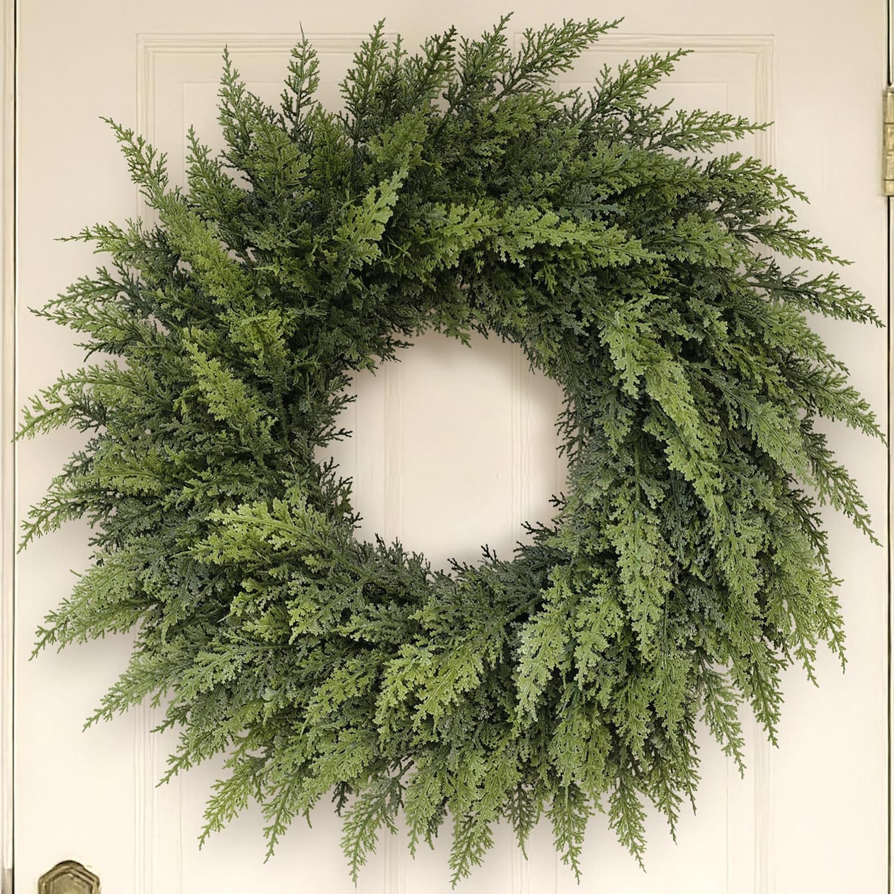 24 Inch Real Touch Christmas Cedar Wreath, Norfolk Pine Christmas Wreath, Artificial Cedar Wreaths Faux Green Fake Pine Needles Wreath, for Front Door, Wall, Window, Outdoor Xmas Decor