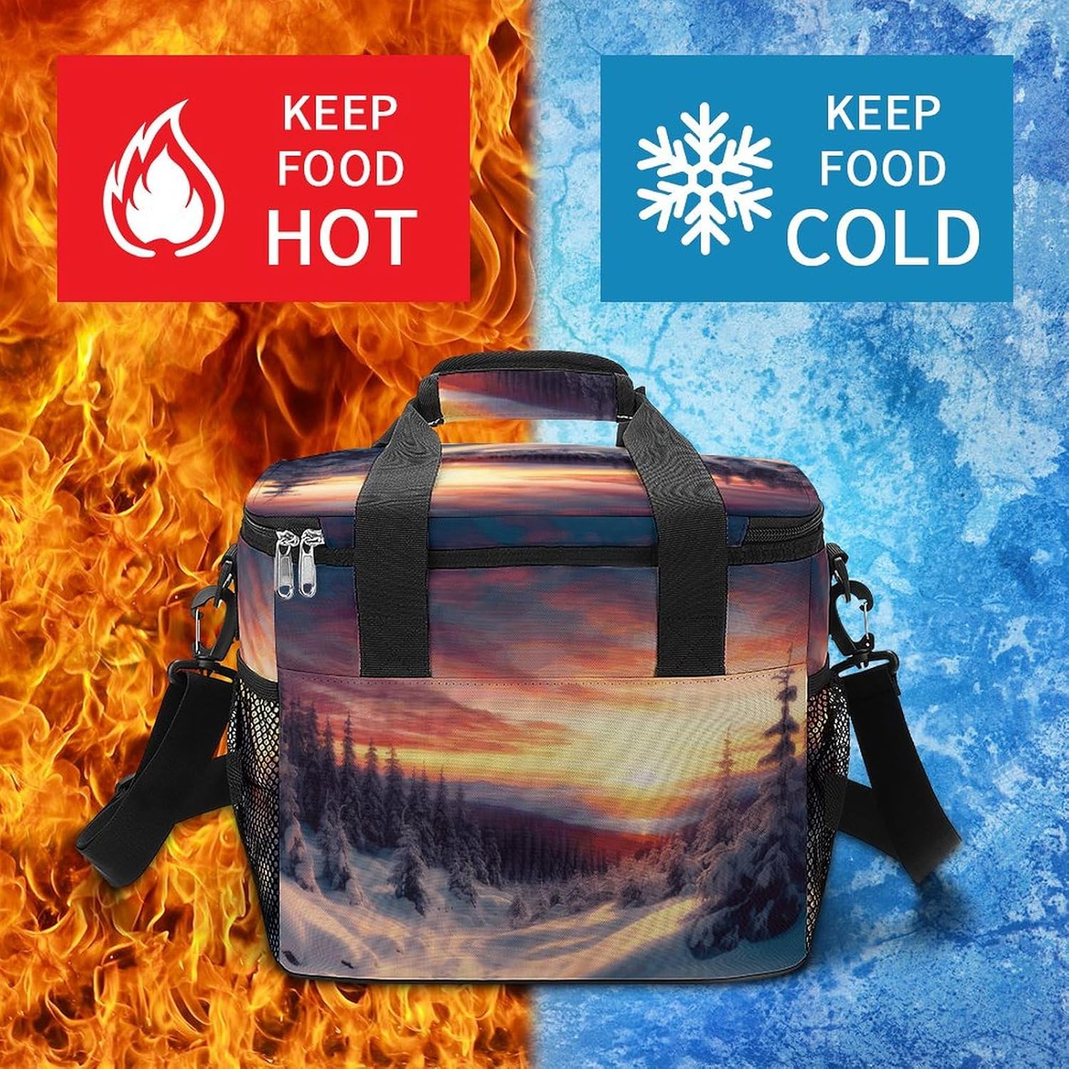 Camping Ice Pack, Winter Snow Sunset Landscape Print Cooler Bag, 22.5L Large Capacity Insulated Lunch Tote Bag for Outdoor, Picnic, BBQ, Travel, Work