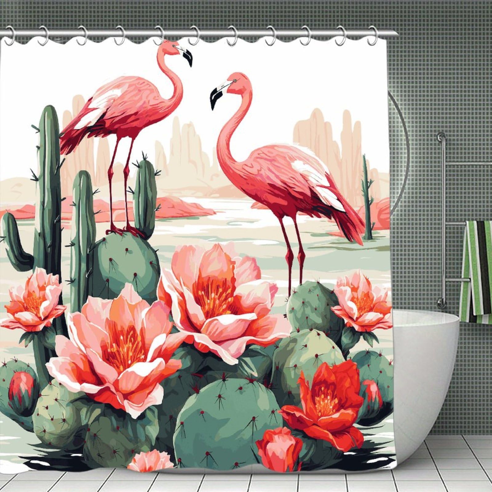 VstaDank Cactus Flamingo Rose Flowers Bath Curtain Elegant Heavy Duty Shower Curtains 70x70 in Rustic Farmhouse Cloth Shower Curtains Neutral Modern Bath Curtain for Bathroom