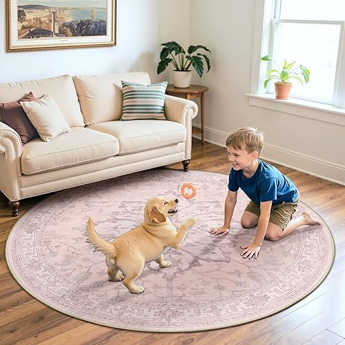 Area Rugs 6ft Washable Non-Slip, Floral Vintage Distress Print Pattern Medallion Carpet for Living Room Bedroom Dining Room, Pink Greypink Cute