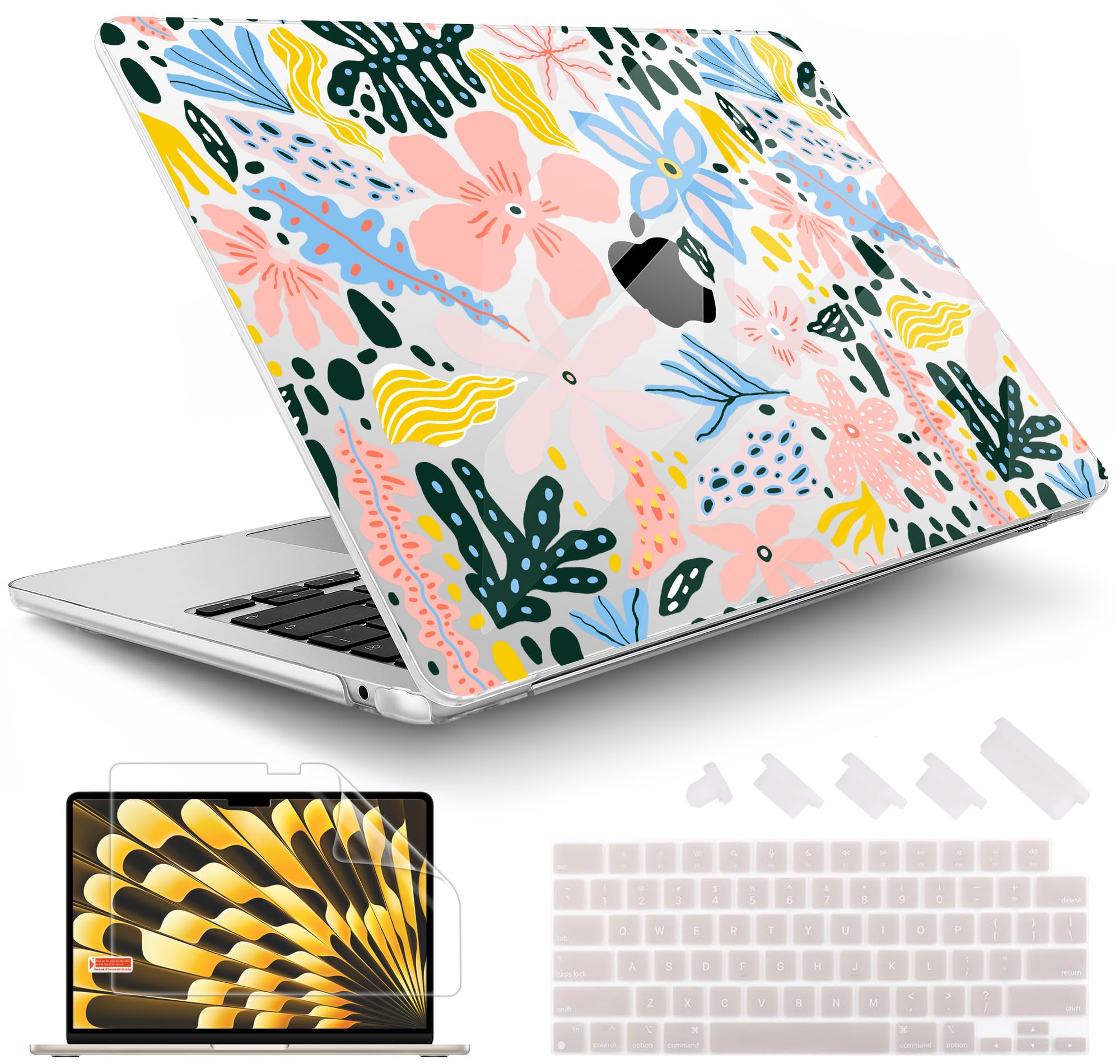 May Chen Compatible with M4 MacBook Air 15 inch Case A3241 A3114 M3 A2941 M2 Chip, 2023 2024 2025, Utra-Thin Protective Hard Shell Case with Keyboard Cover & Screen Protector, Tropical Flowers