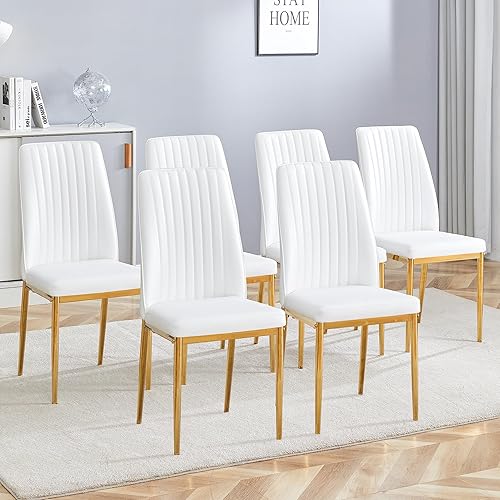 Miniatura 26 de Juego de 6 sillas de comedor modernas, Juego de 6 sillas de comedor con cuero PU y patas cromadas de respaldo alto, sillas de metal Sillas para