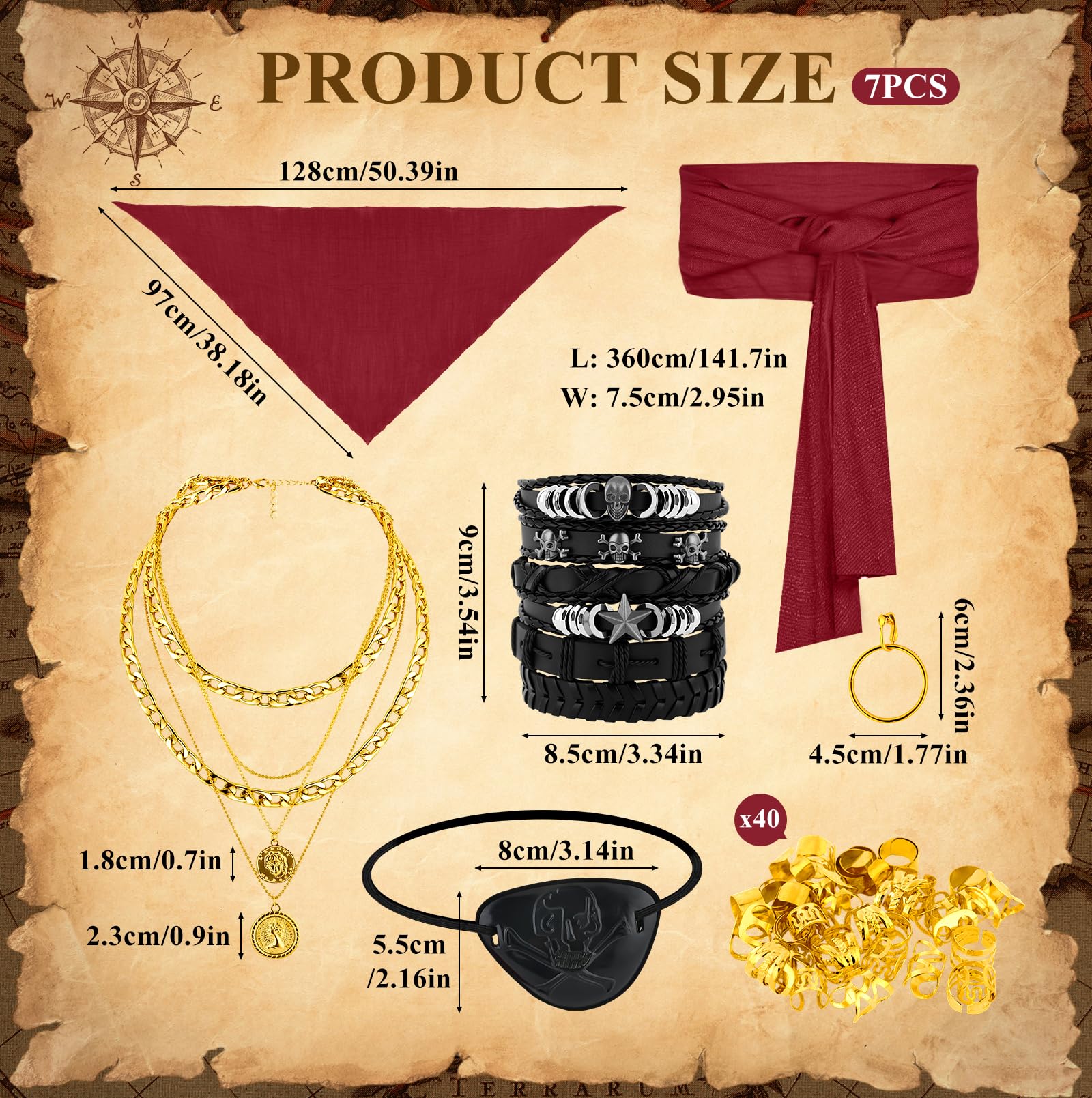 BAIEGOED 51 Pieces Pirate Costume Accessories Set for Adults Women Man Includes Headscarf, Eye Patch, Earrings, Necklace - Image 2