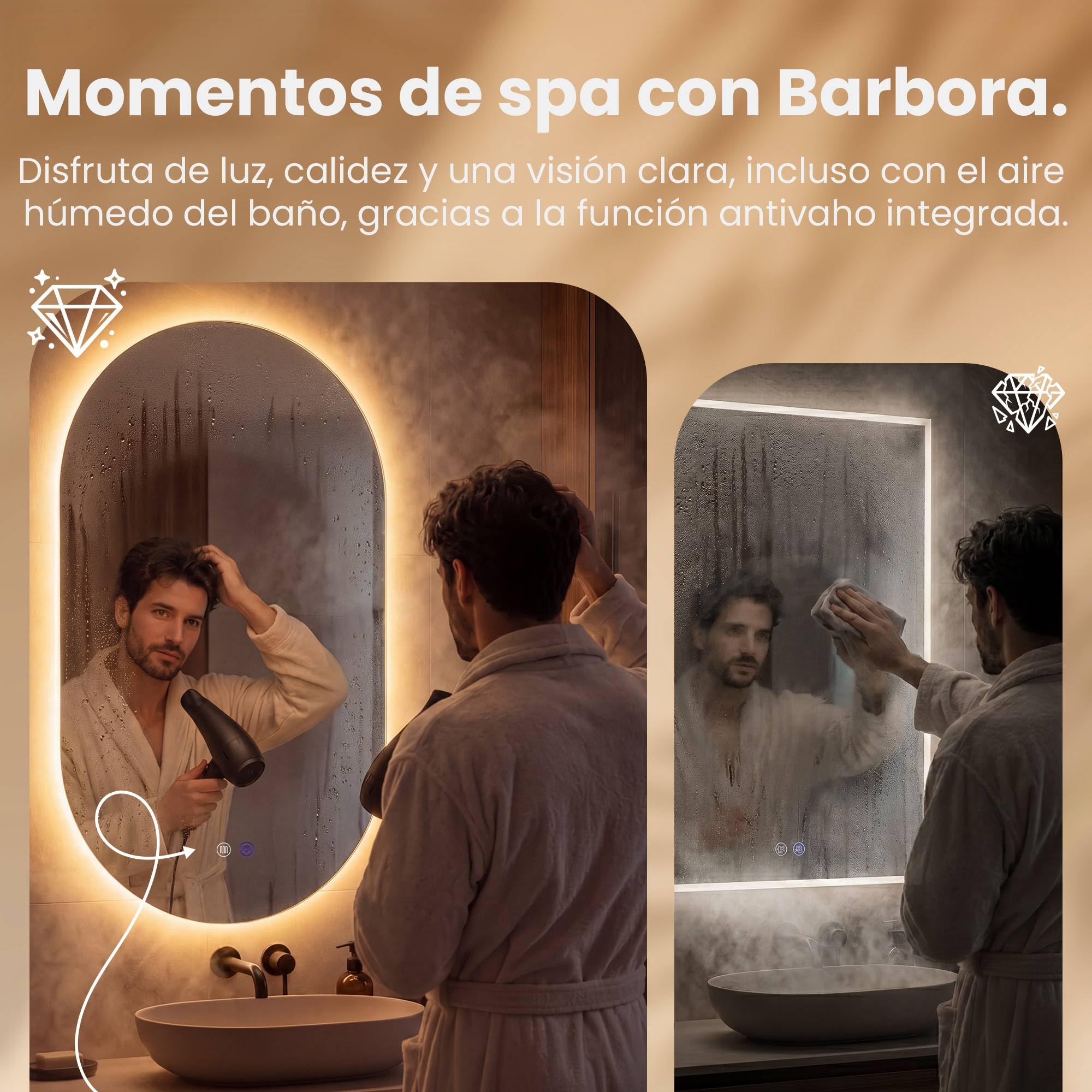 CLP Espejo de Bano con iluminacion LED Barbora, Espejo de Pared Regulable 3 Tonos de luz y Control tactil, Funcion antivaho para Vision Clara, Tamaño:60x100 cm