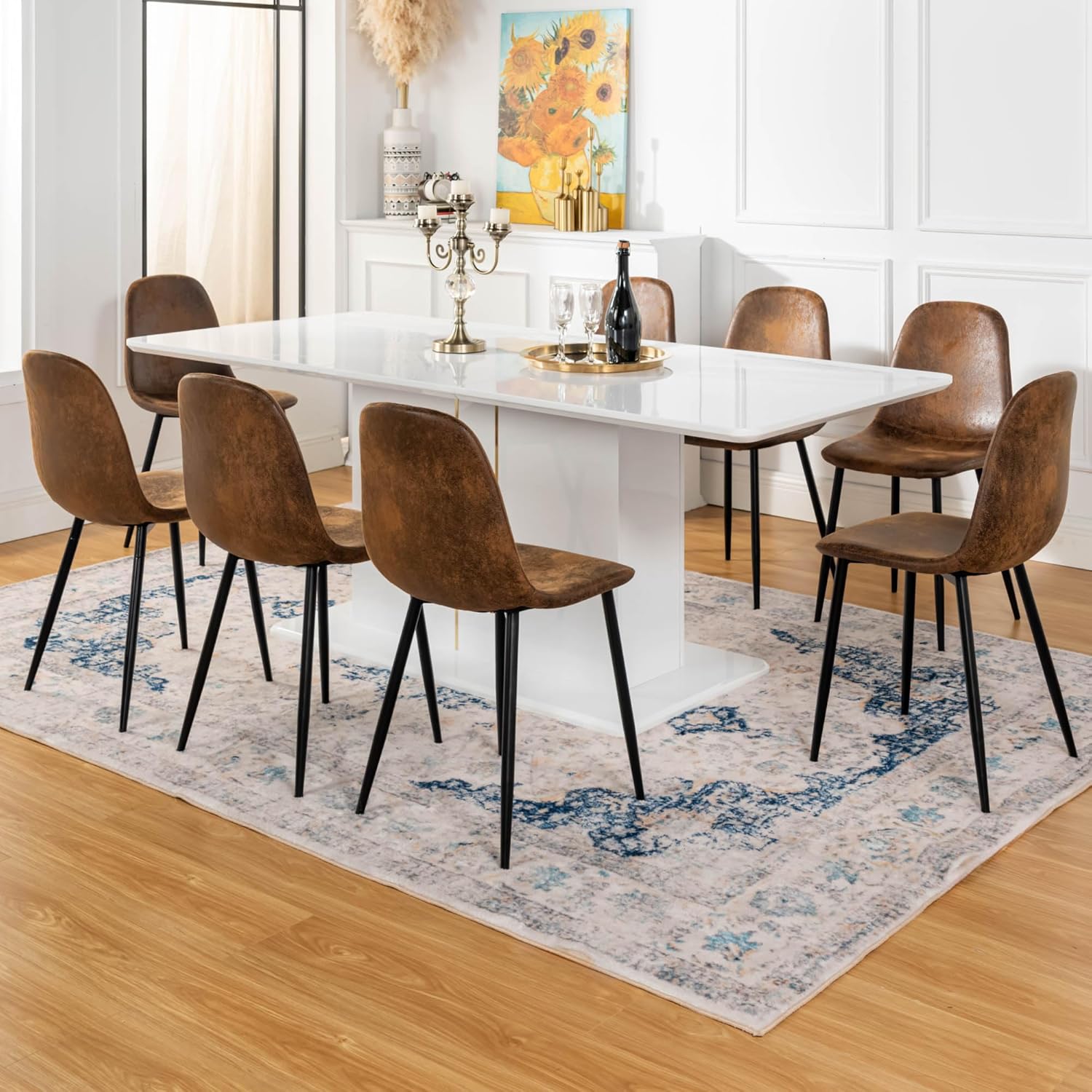 Homy Casa White High Gloss Extendable Dining Table with Black PU Chairs for 6-8 Persons, 63-80.7" Contemporary Wooden Table Set for Dining Room, Conference Room, Reception Area, White (Table)